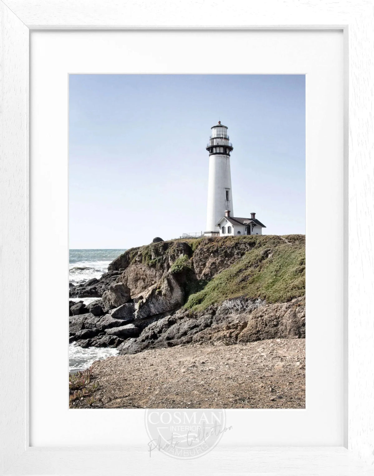 Schwarz-weiß Poster mit Rahmen von Cosman-Photocollection, Kalifornien, Leuchtturm Pigeon Point, 25x31 cm, Wanddekoration