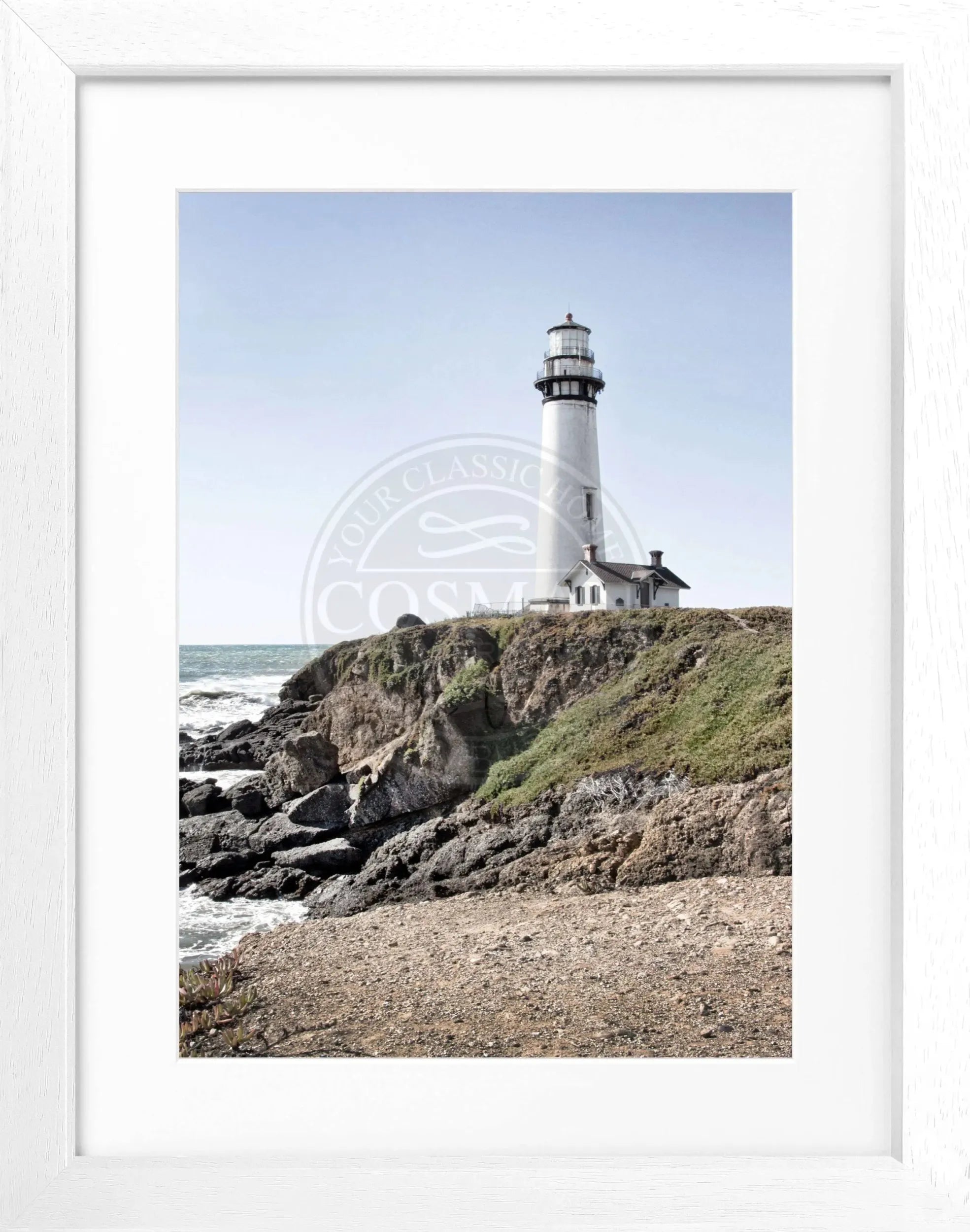 Schwarz-weiß Poster mit Rahmen von Cosman-Photocollection, Kalifornien, Leuchtturm Pigeon Point, 25x31 cm, Wanddekoration