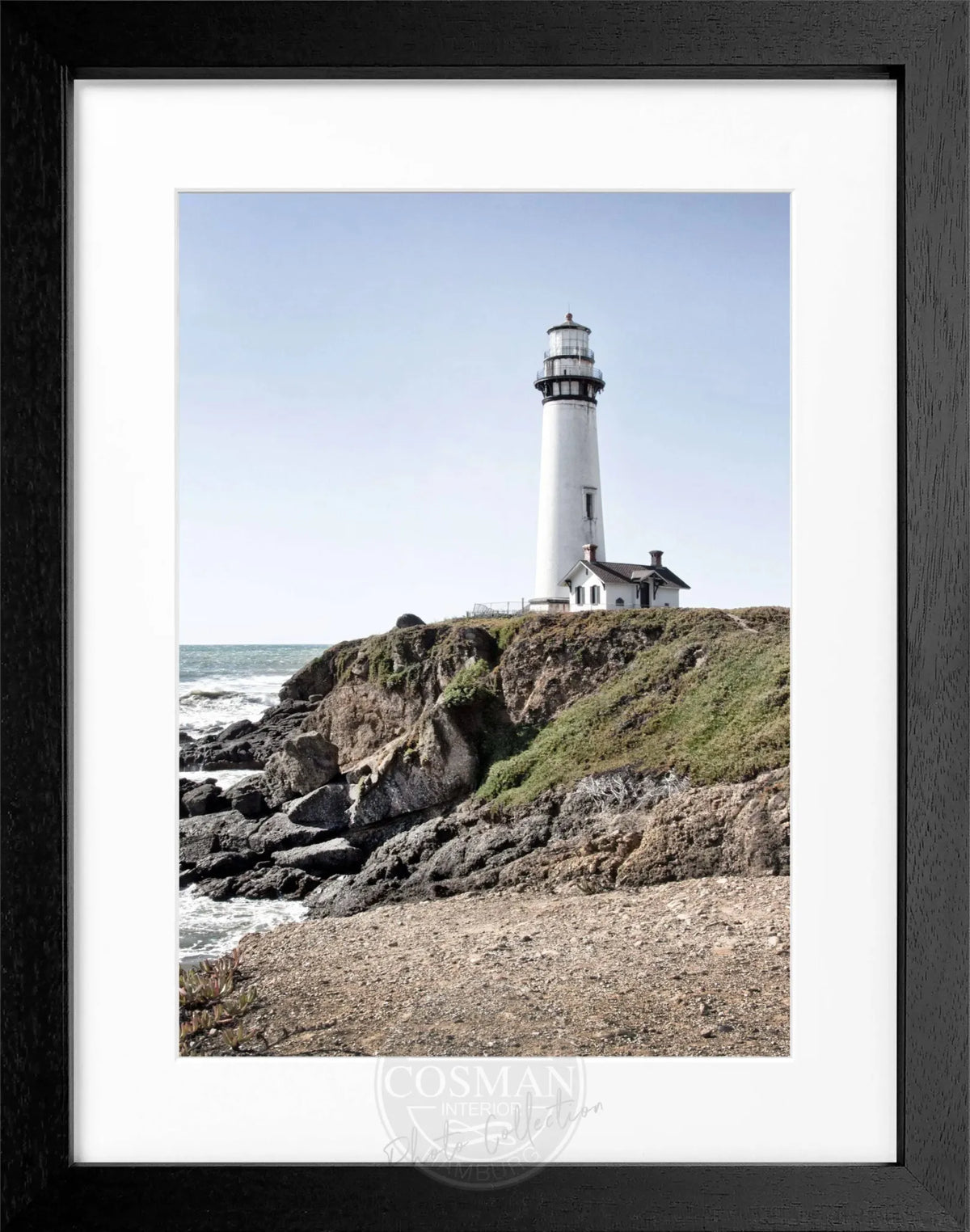 Schwarz-weiß Poster mit Rahmen von Cosman-Photocollection, Kalifornien Leuchtturm Pigeon Point, 25x31 cm, Wanddekoration