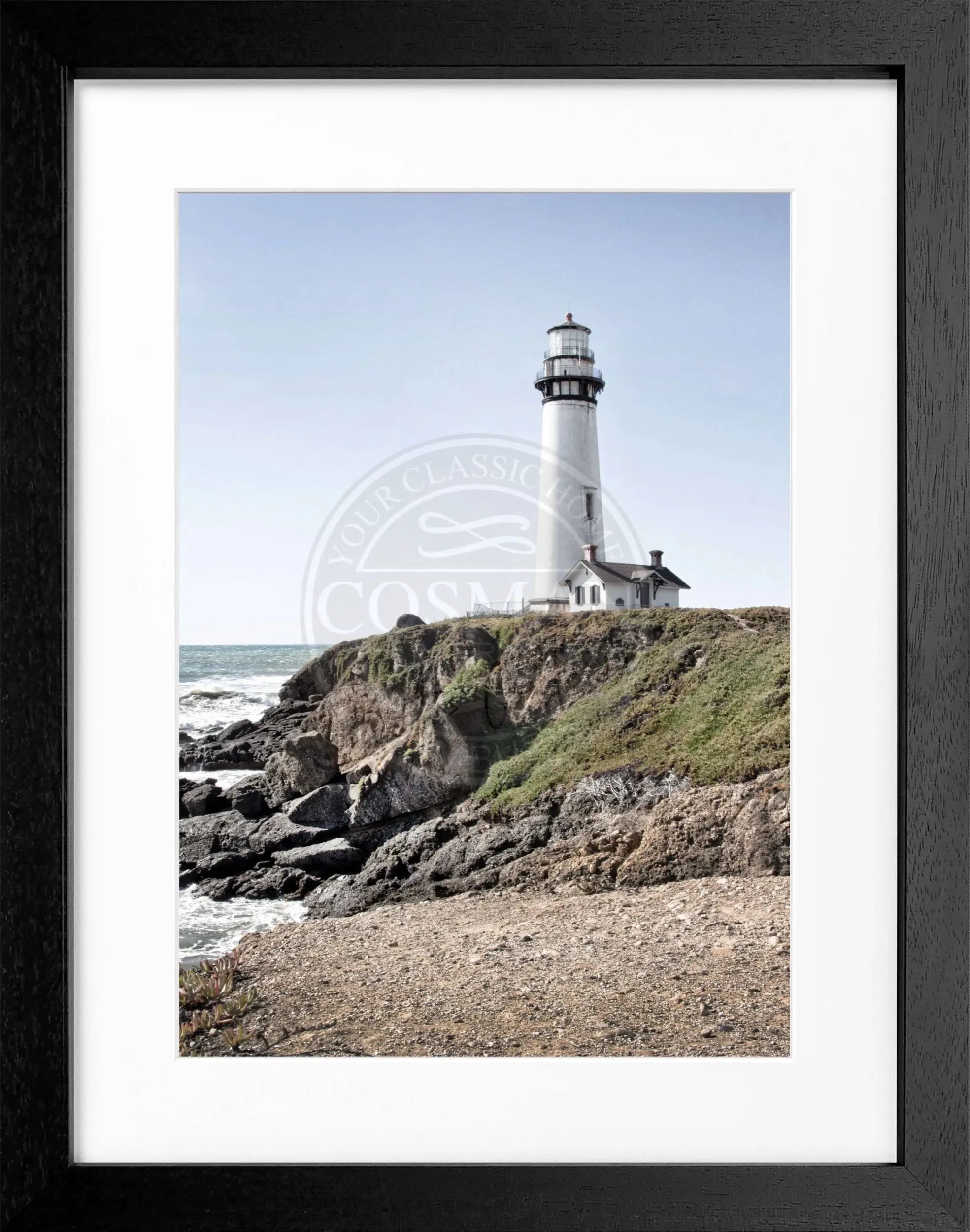 Schwarz-weiß Poster mit Rahmen von Cosman-Photocollection, Kalifornien Leuchtturm Pigeon Point, 25x31 cm, Wanddekoration