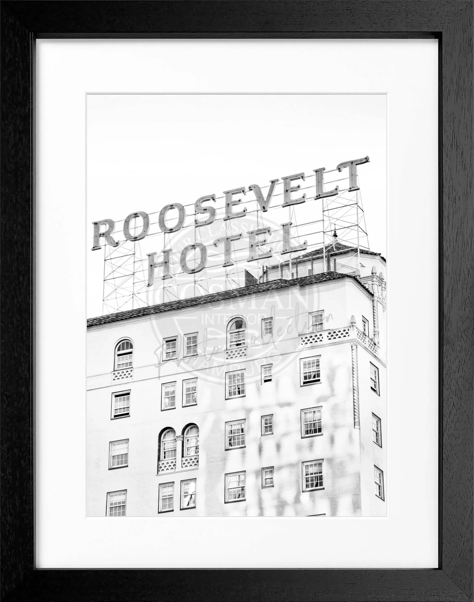 Schwarz-weiß Poster mit Rahmen, Kalifornien Los Angeles Roosevelt Hotel, von Cosman-Photocollection, 25x31 cm.