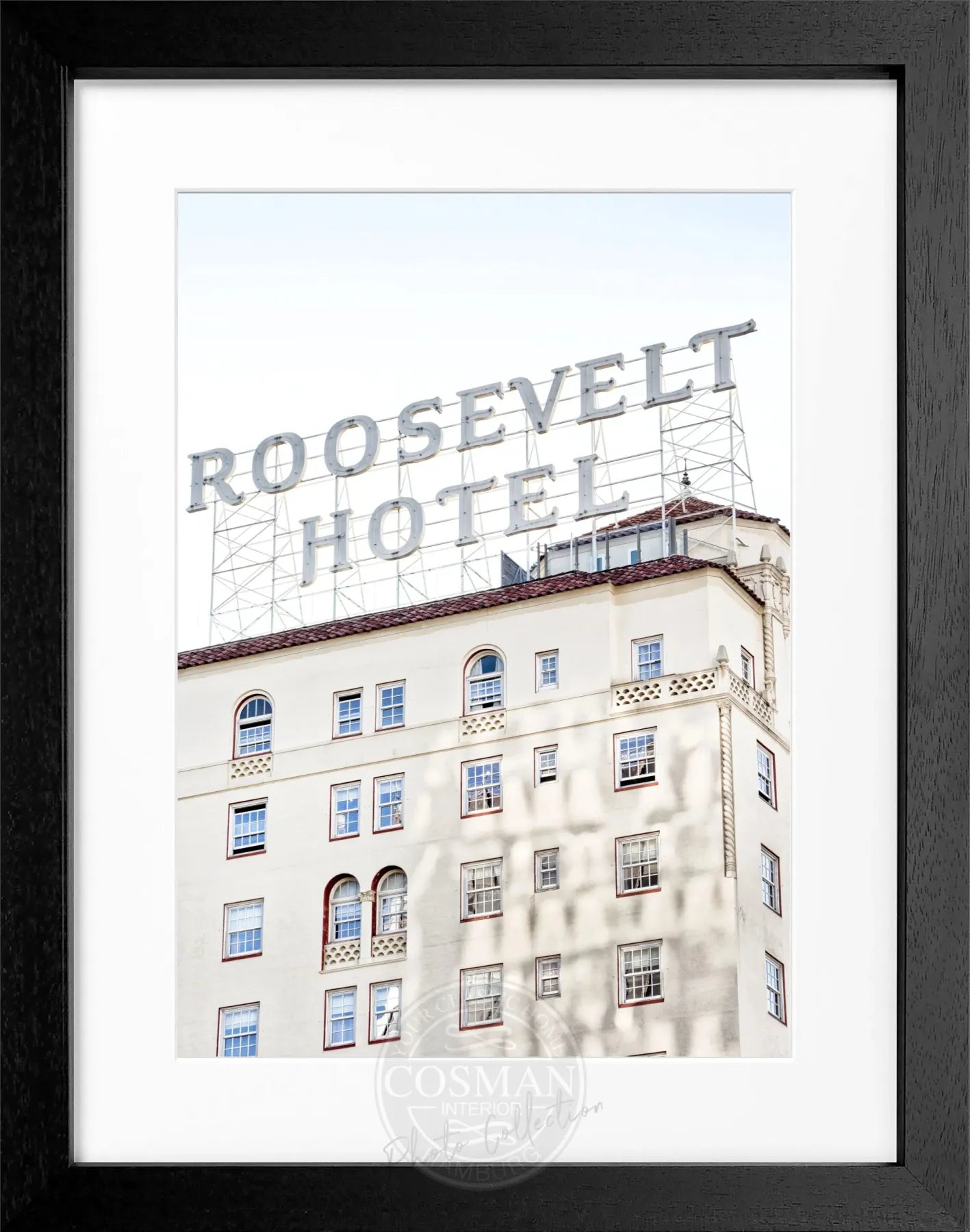 Schwarz-weiß Poster mit Rahmen von Cosman-Photocollection, Kalifornien Los Angeles Roosevelt Hotel, 25x31 cm, Wanddekoration