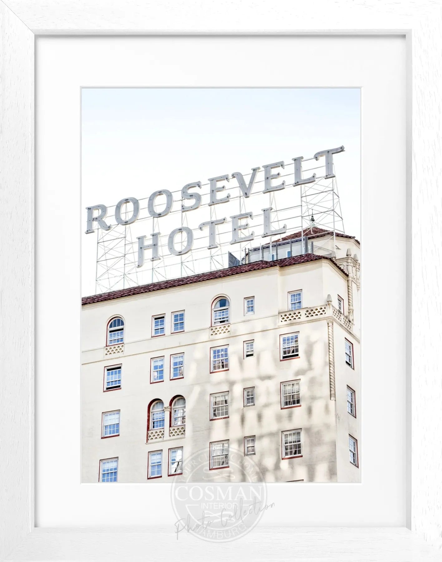 Schwarz-weiß Poster mit Rahmen von Cosman-Photocollection, Kalifornien Los Angeles Roosevelt Hotel, 25x31cm, stilvolle Wanddekoration