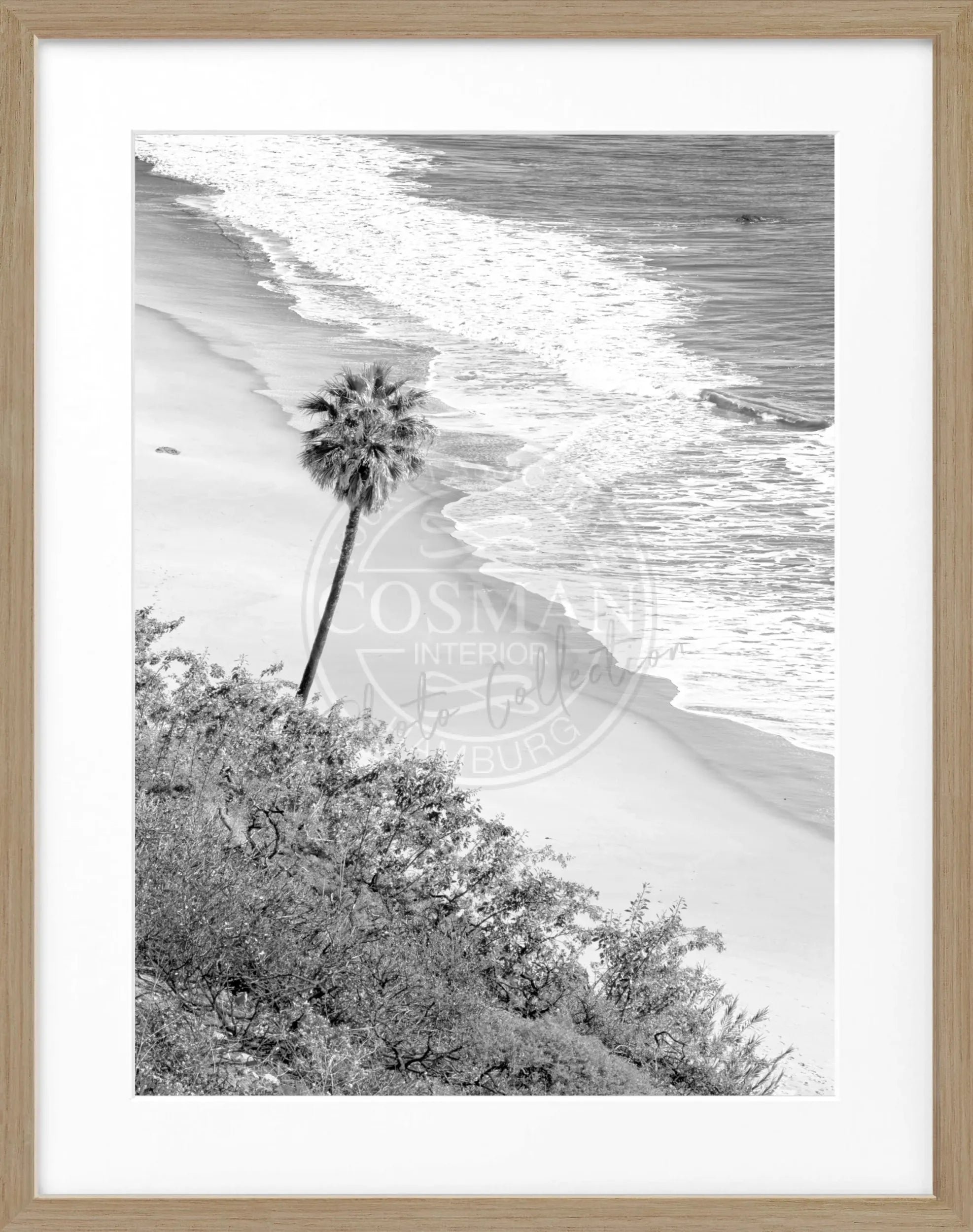 Schwarzer Poster mit Rahmen, Kalifornien Malibu Motiv, 25x31cm, von Cosman-Photocollection, schwarz-weiß, Wanddekoration