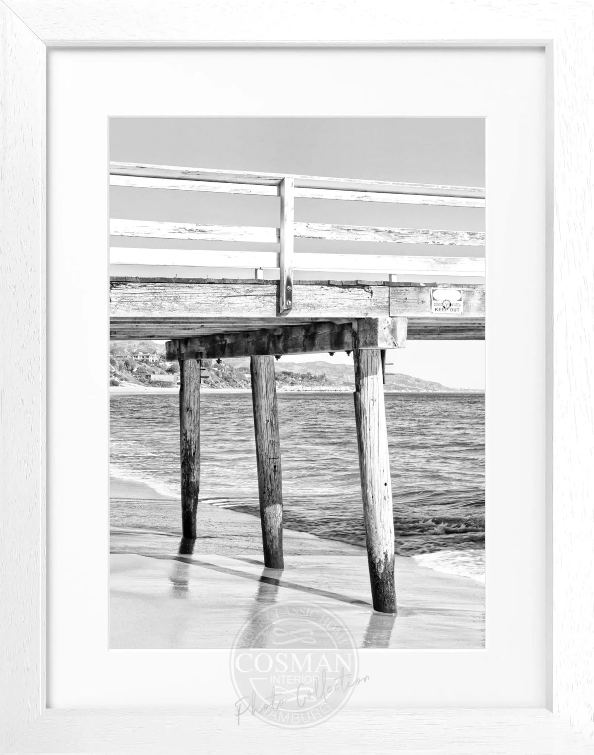Schwarz-weiß Poster mit Rahmen von Cosman-Photocollection, Kalifornien Malibu Pier, 25x31 cm, kunstvoller Meeresblick