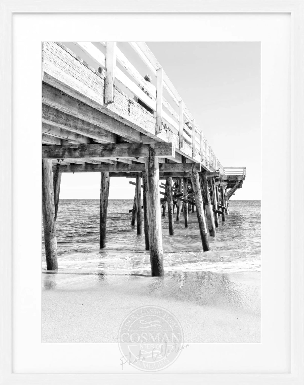 Schwarz-weiß Poster mit Rahmen, Kalifornien Malibu Pier, von Cosman-Photocollection, 25x31 cm, Wanddekoration mit Strandmotiv