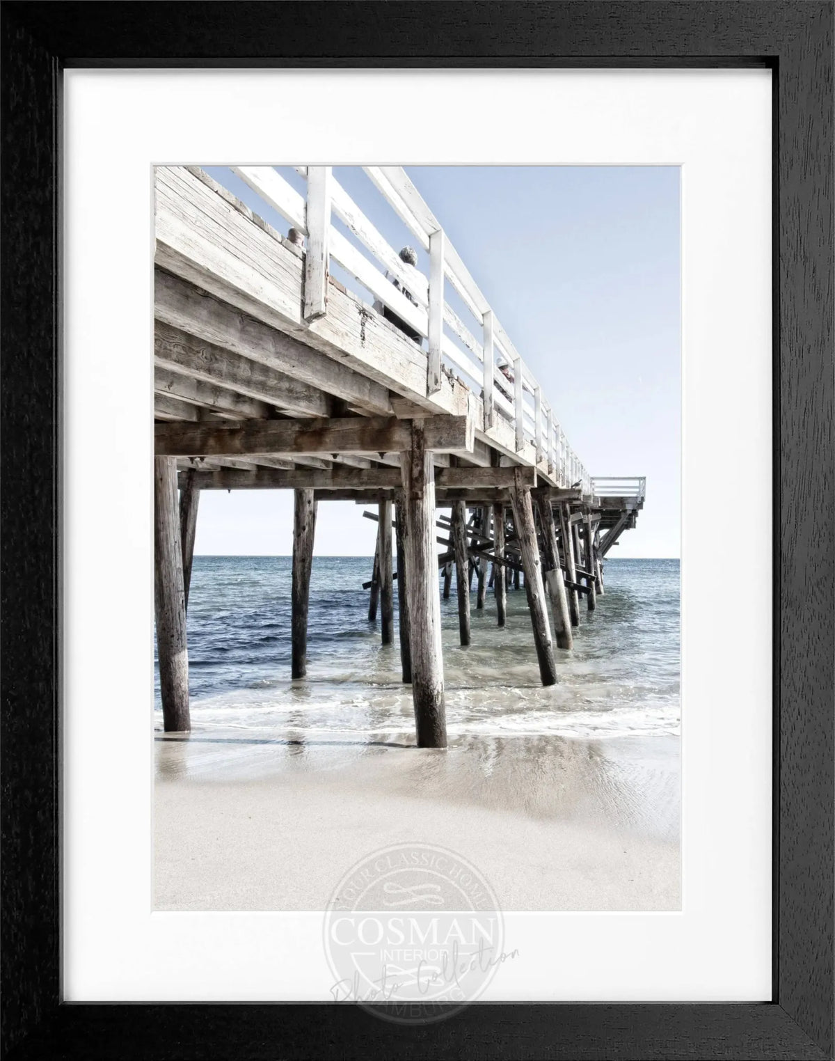 Schwarz-weiß Poster mit Rahmen, Kalifornien Malibu Pier Motiv, 25x31cm, von Cosman-Photocollection, dekoratives Wandbild