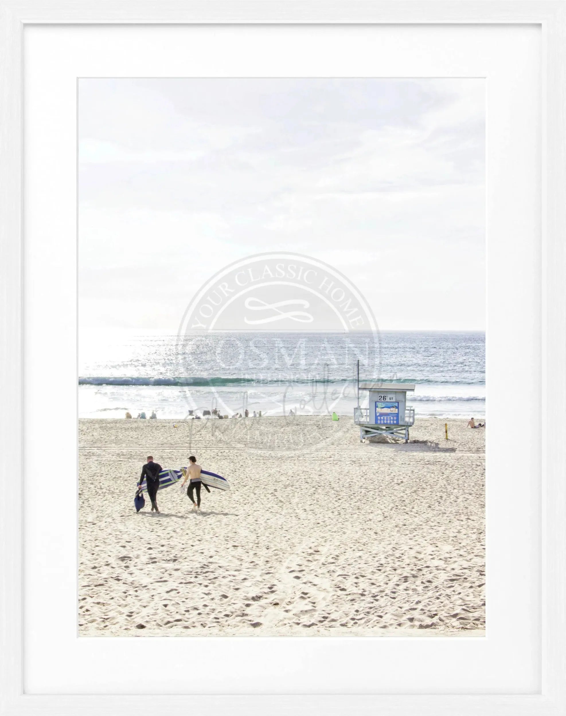 Schwarz-weiß Poster mit Rahmen von Cosman-Photocollection, zeigt Kalifornien Manhattan Beach, 25x31 cm, Wanddekoration