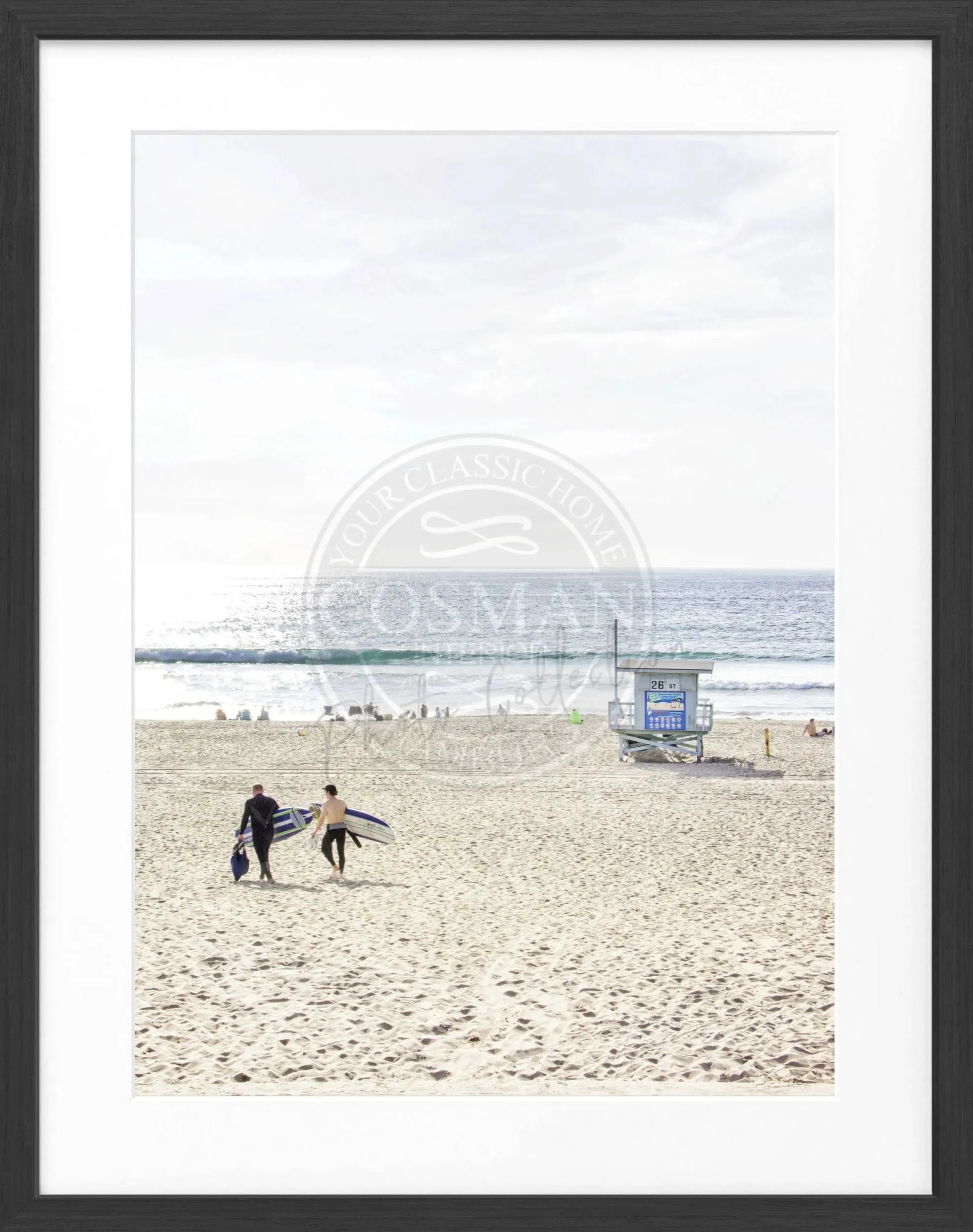 Schwarz-weiß Poster mit Rahmen von Cosman-Photocollection, Motiv von Manhattan Beach in Kalifornien, 25x31 cm