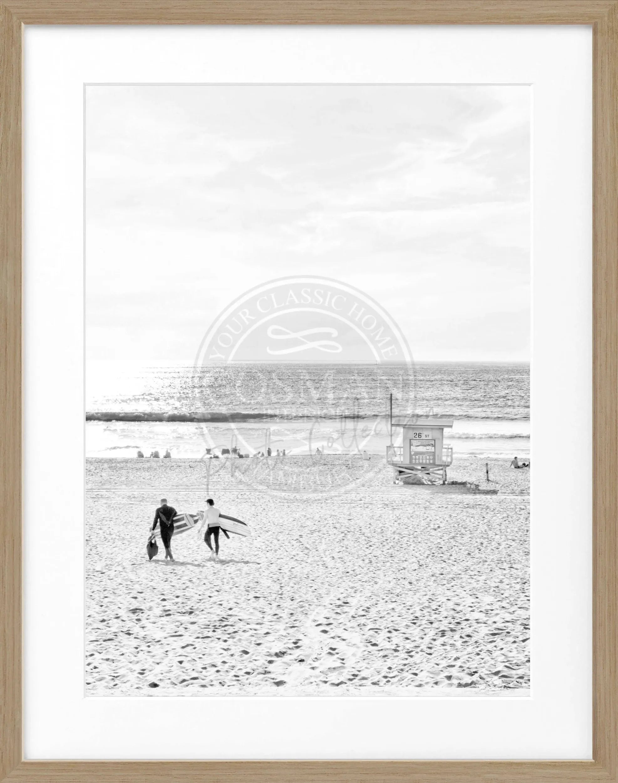 Schwarz-weiß Poster mit Rahmen von Manhattan Beach, Kalifornien, von Cosman-Photocollection, 25x31 cm, Wanddekoration
