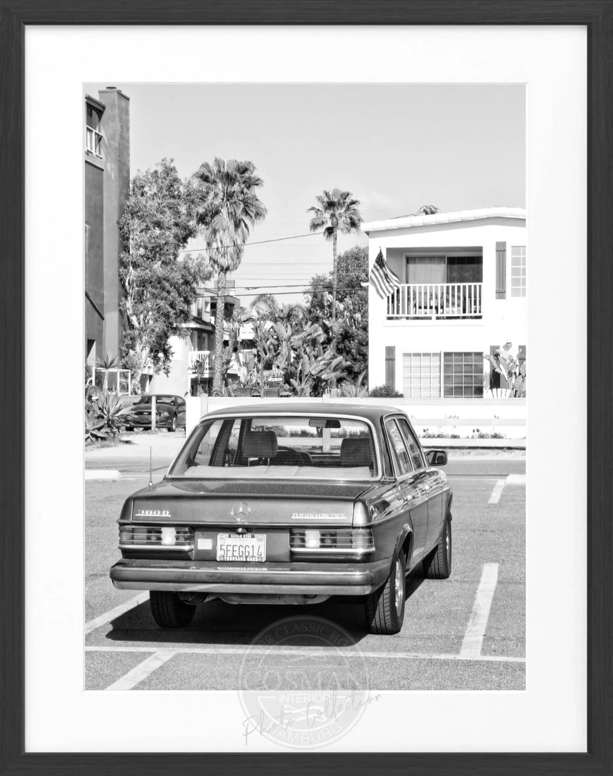 Schwarz-weiß Poster mit Rahmen, Kalifornien-Motiv und Mercedes Classic Design, von Cosman-Photocollection, 25x31 cm