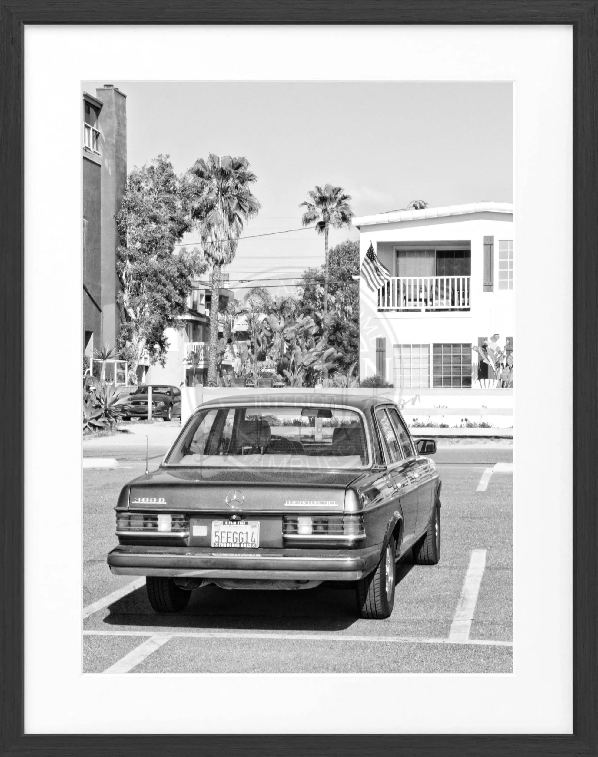 Schwarz-weiß Poster mit Rahmen, Kalifornien-Motiv und Mercedes Classic Design, von Cosman-Photocollection, 25x31 cm