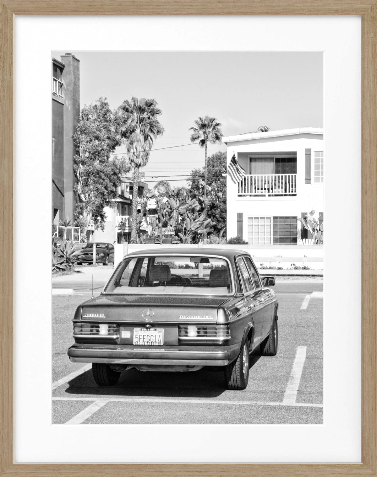 Schwarzweiß-Poster mit Rahmen, Kalifornien-Motiv, Mercedes Classic K120, 25x31cm, von Cosman-Photocollection