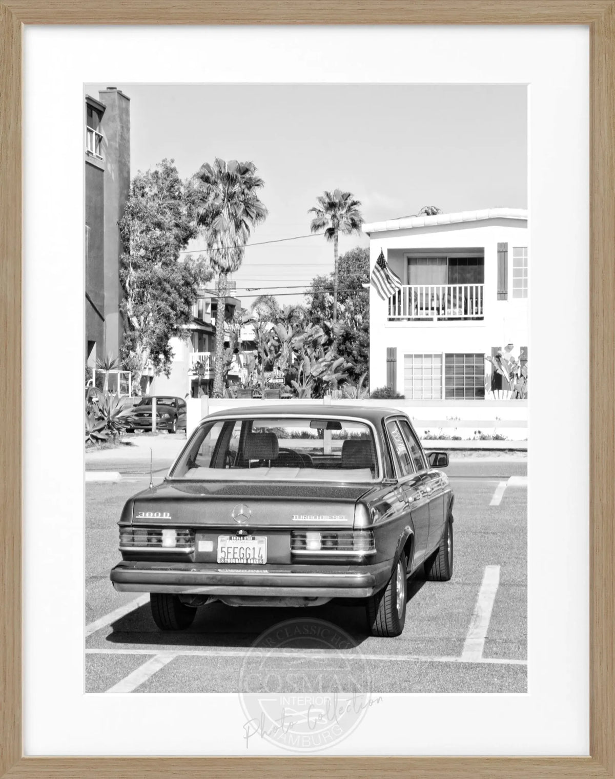 Schwarzweiß-Poster mit Rahmen, Kalifornien-Motiv, Mercedes Classic K120, 25x31cm, von Cosman-Photocollection