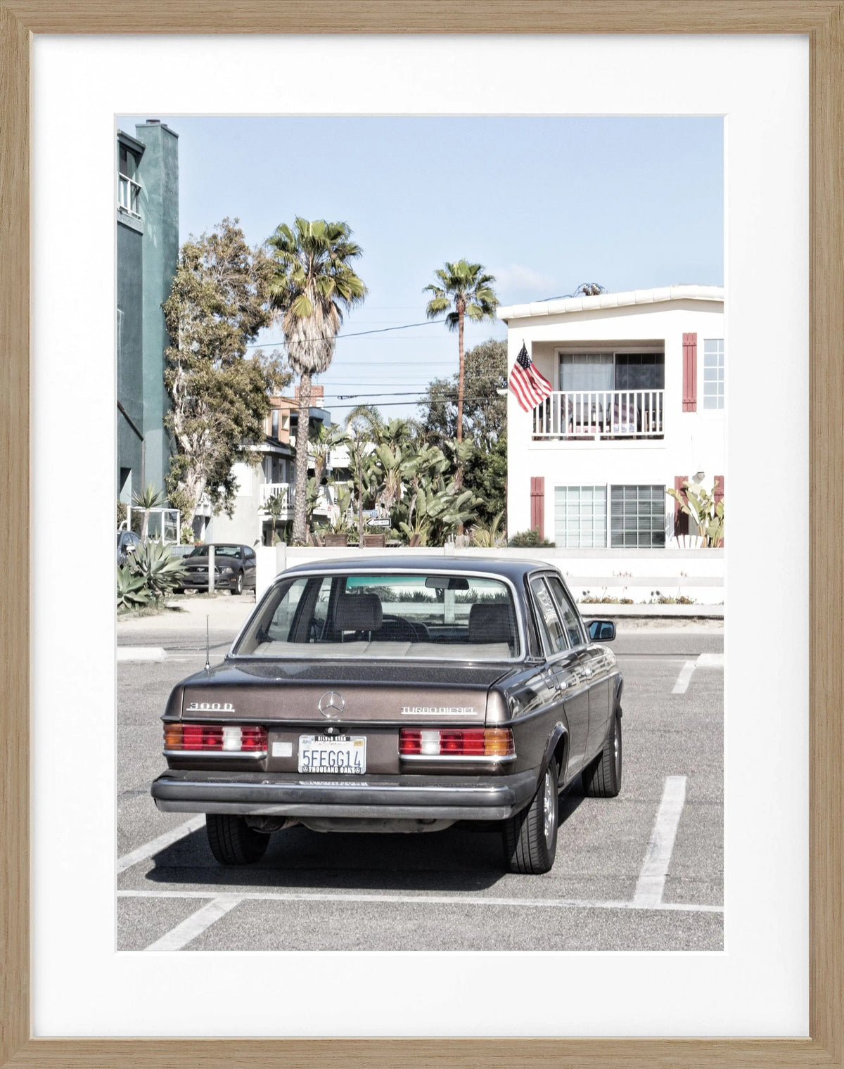 Schwarz-weiß Poster mit Rahmen, Kalifornien-Motiv, Mercedes Classic, 25x31 cm, von Cosman-Photocollection.