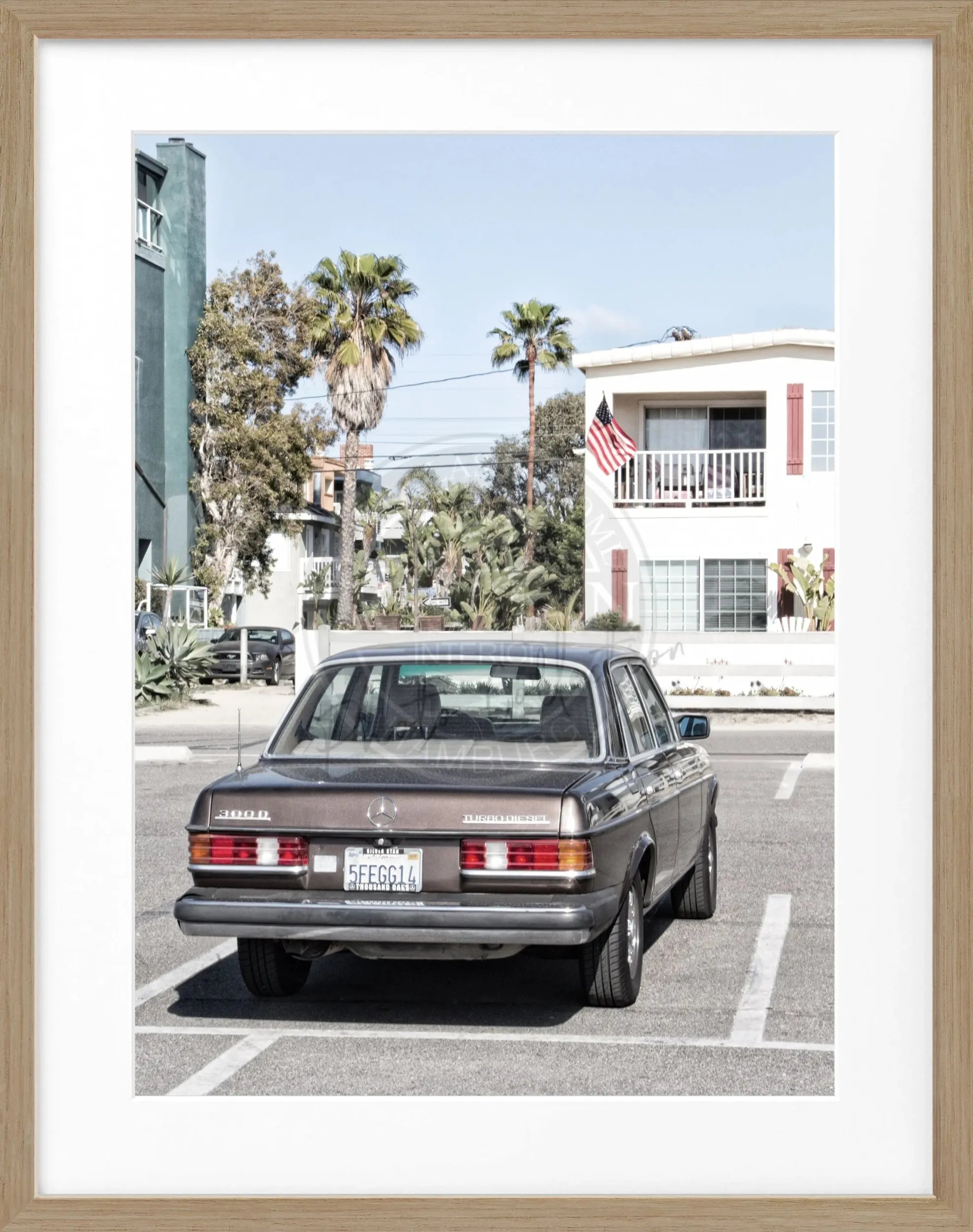 Schwarz-weiß Poster mit Rahmen, Kalifornien-Motiv, Mercedes Classic, 25x31 cm, von Cosman-Photocollection.