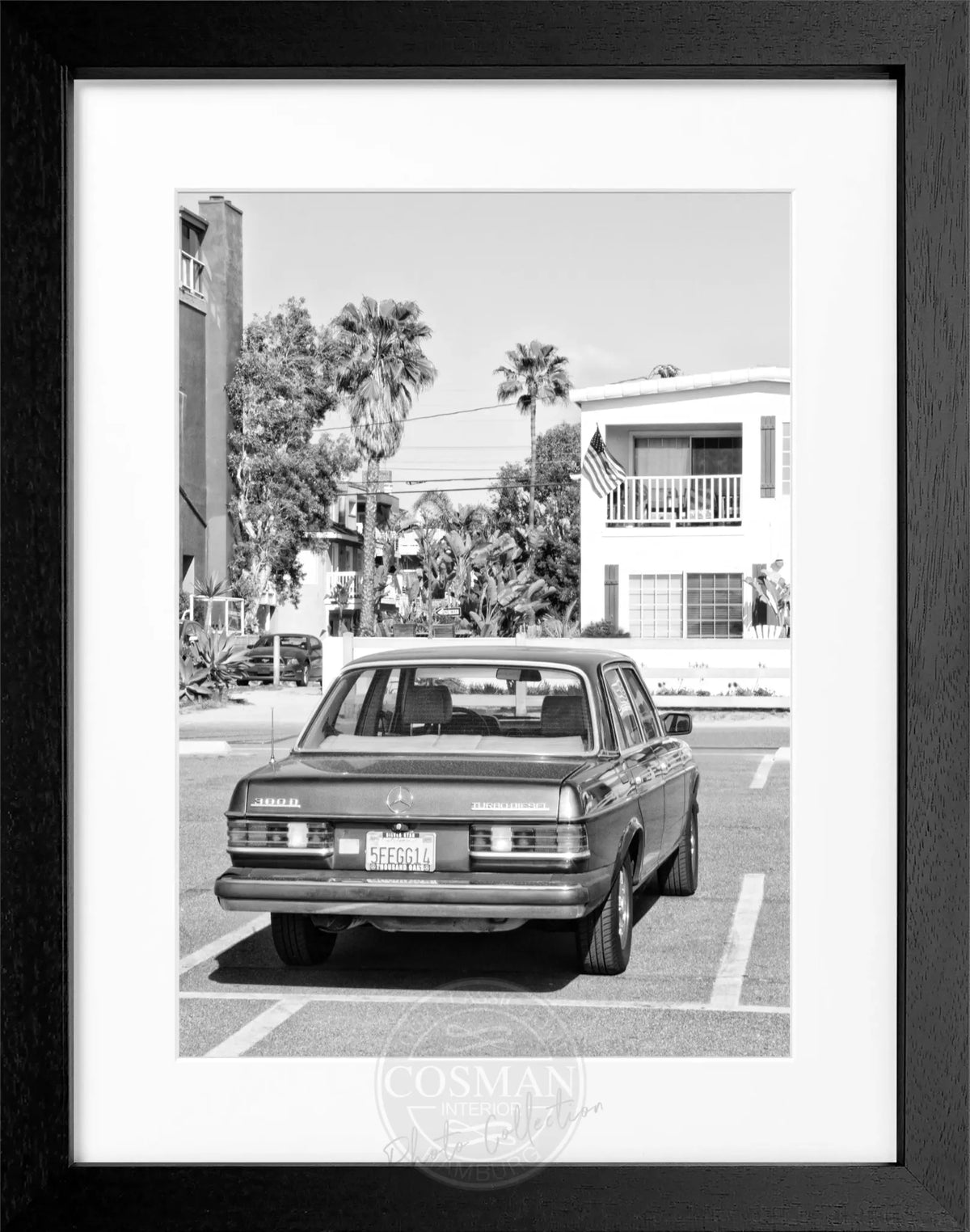 Schwarz-weiß Poster mit Rahmen von Kalifornien und Mercedes Classic, 25x31cm, von Cosman-Photocollection.