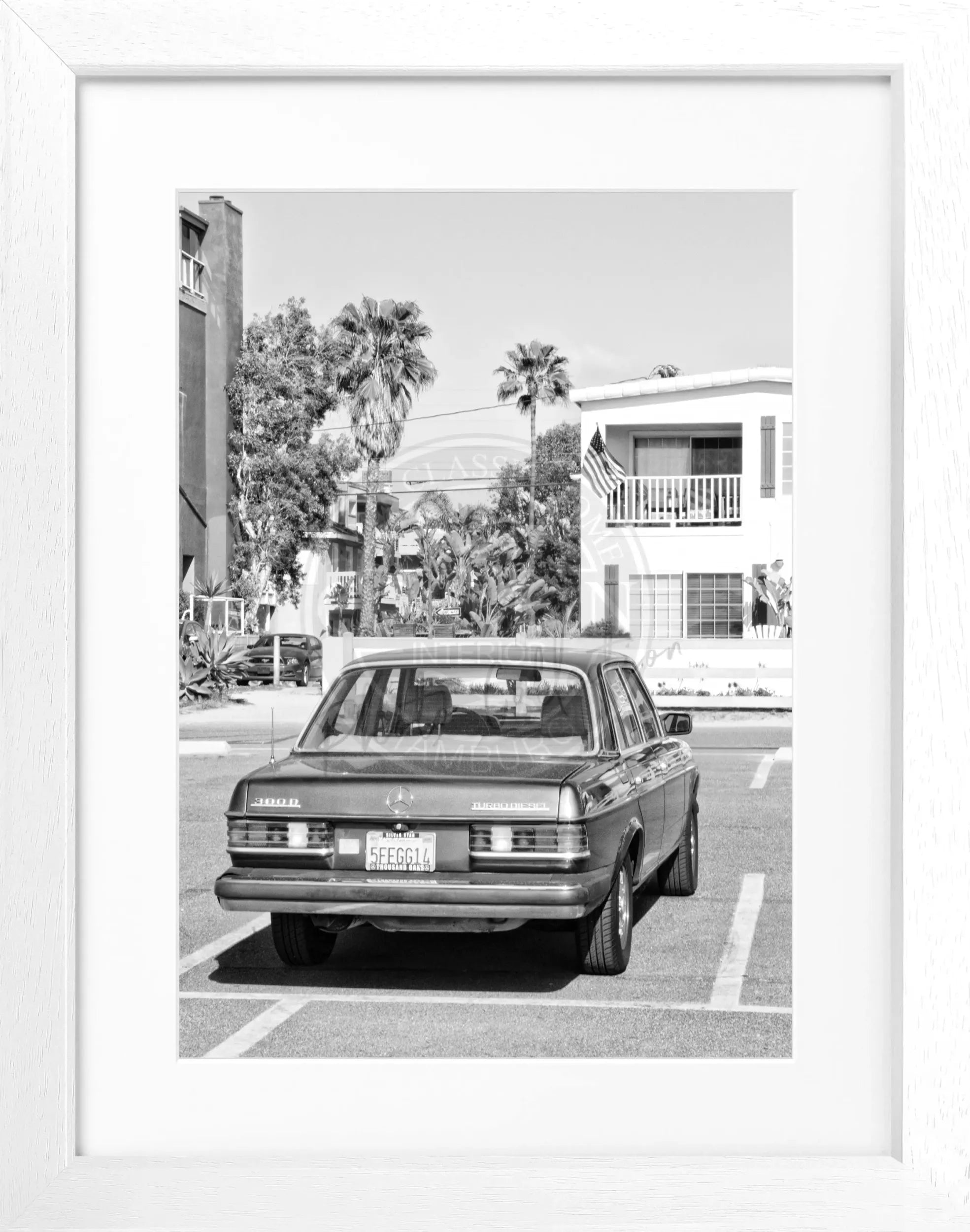 Schwarz-weiß Poster mit Rahmen, Kalifornien-Motiv und Mercedes Classic, von Cosman-Photocollection, Maße 25x31 cm.