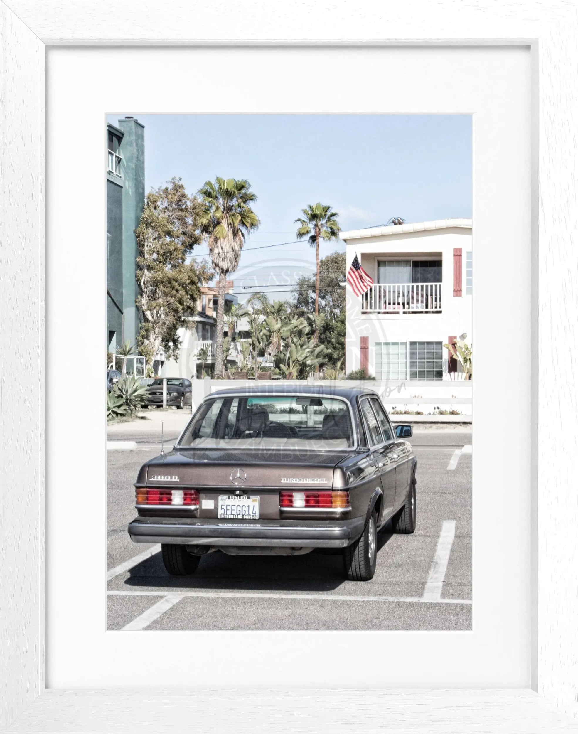 Schwarz-weiß Poster mit Rahmen von Cosman-Photocollection, Kalifornien und Mercedes Classic, 25x31cm, stilvolles Wandbild