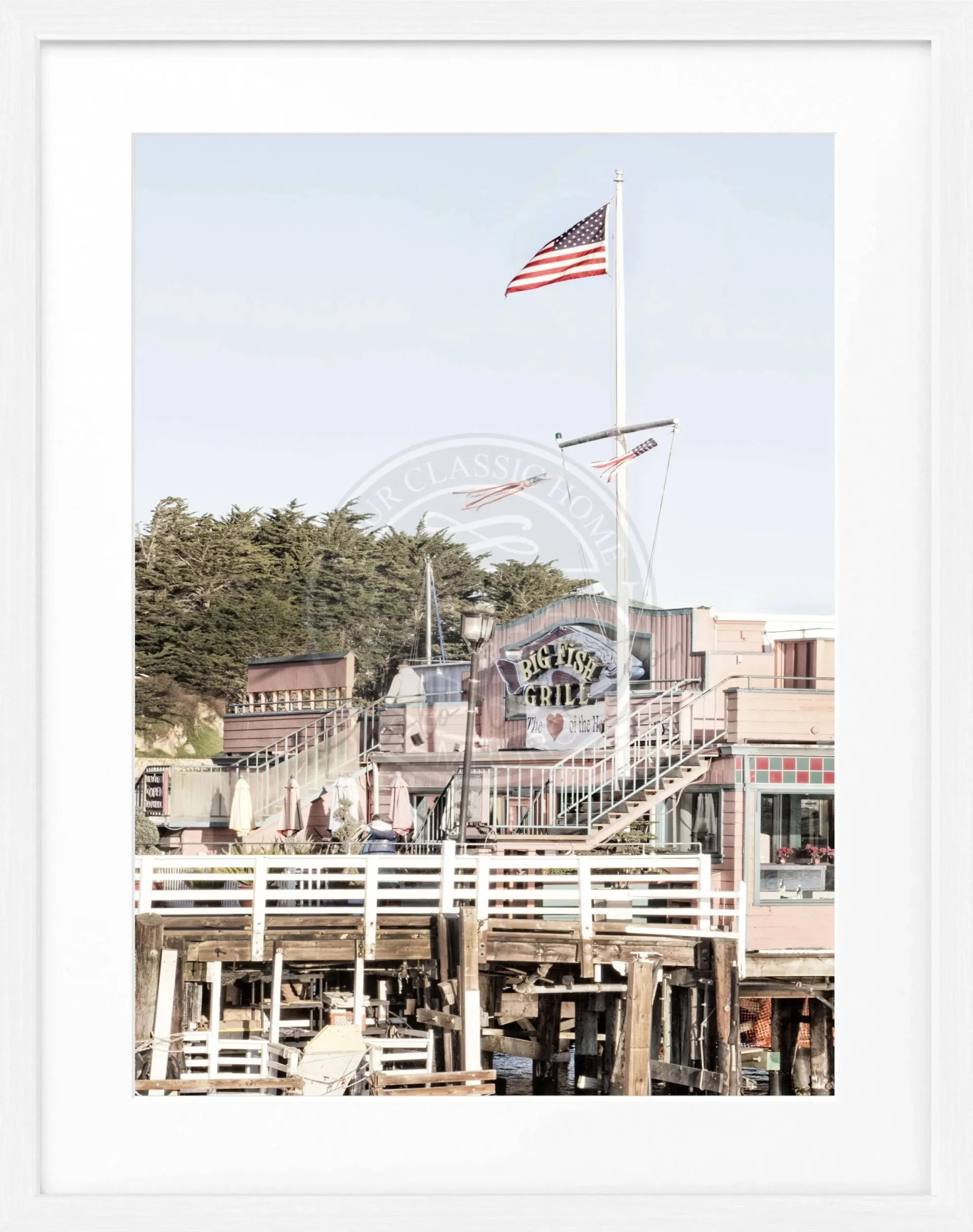 Schwarz-weiß Poster mit Rahmen von Cosman-Photocollection, Kalifornien Monterey Motiv, 25cm x 31cm, Wanddekoration