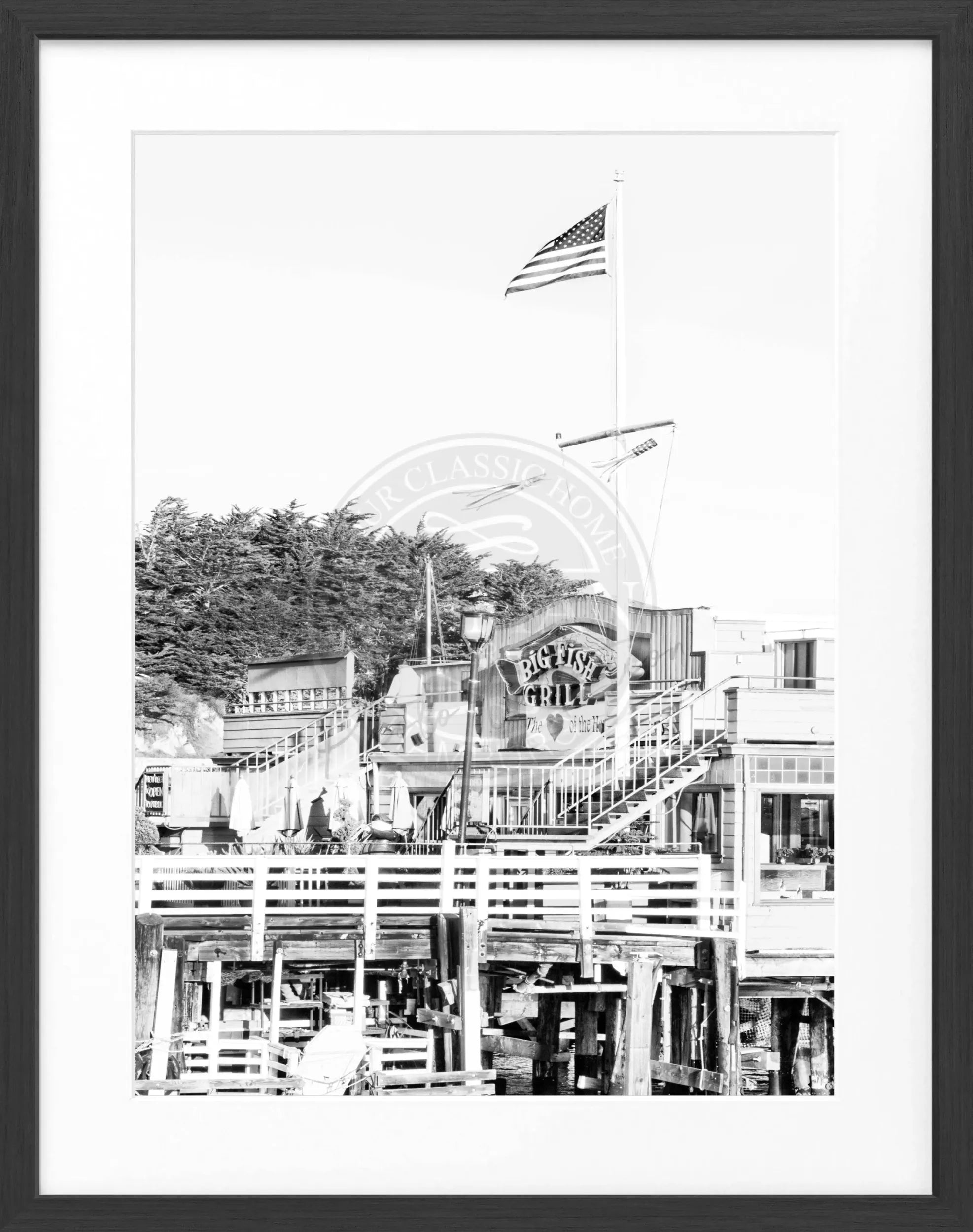 Schwarz-weiß Poster mit Rahmen von Kalifornien Monterey, 25x31cm, von Cosman-Photocollection, Wanddekoration mit Strandmotiv