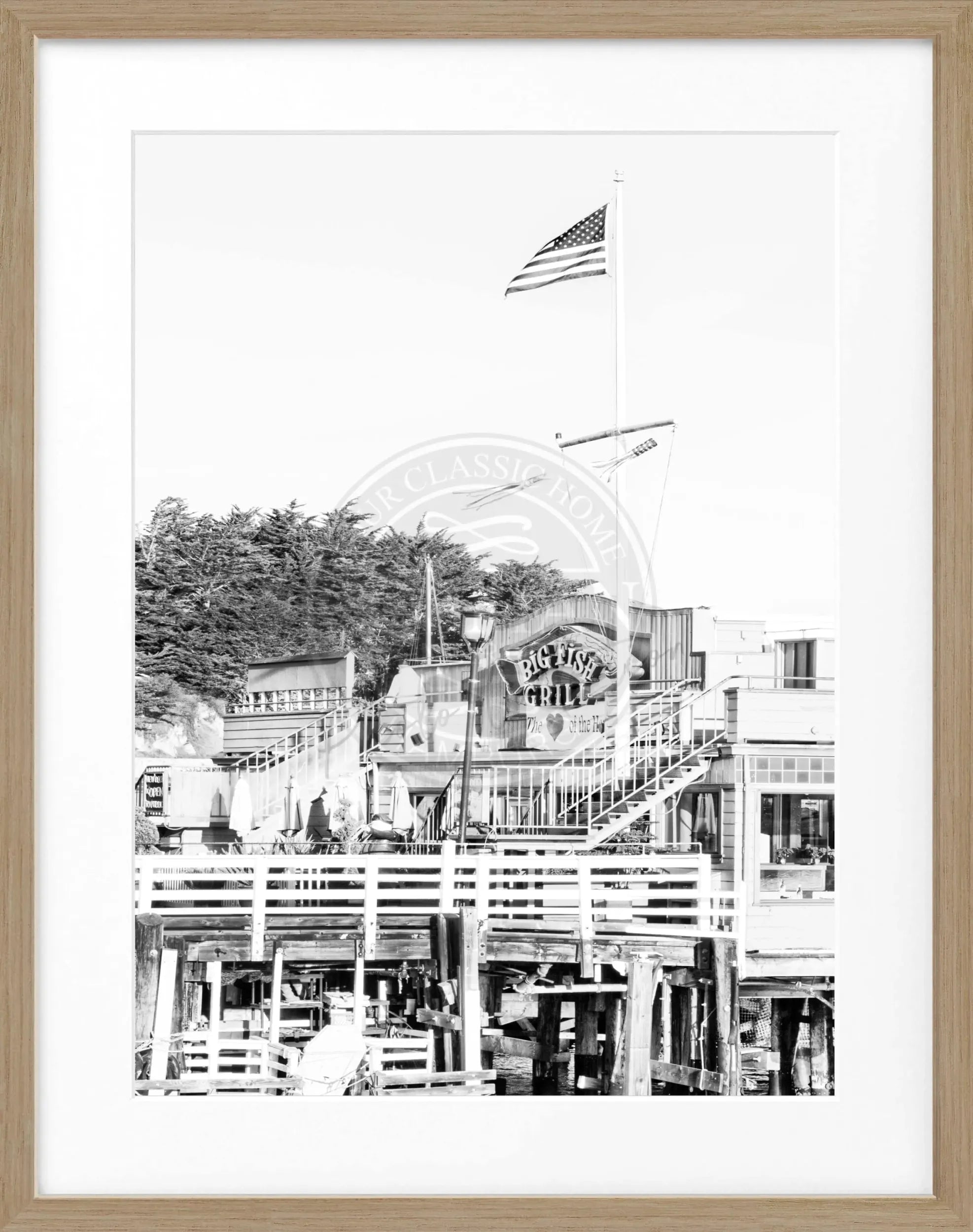 Schwarz-weiß Poster mit Rahmen, Kalifornien Monterey Motiv, 25x31 cm, von Cosman-Photocollection