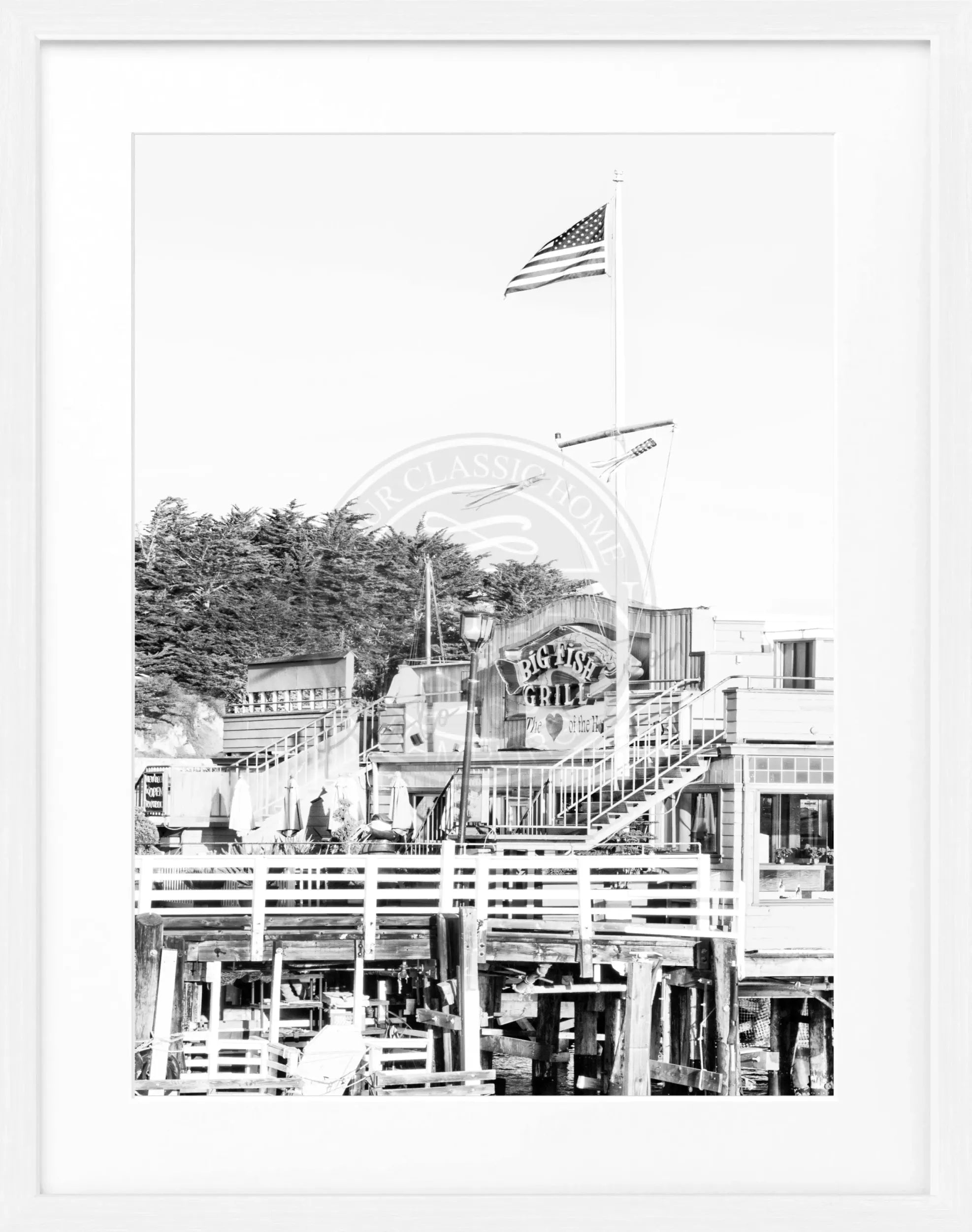 Schwarz-weiß Poster mit Rahmen von Cosman-Photocollection, Kalifornien Monterey Motiv, 25x31 cm, eleganter Wanddekoration