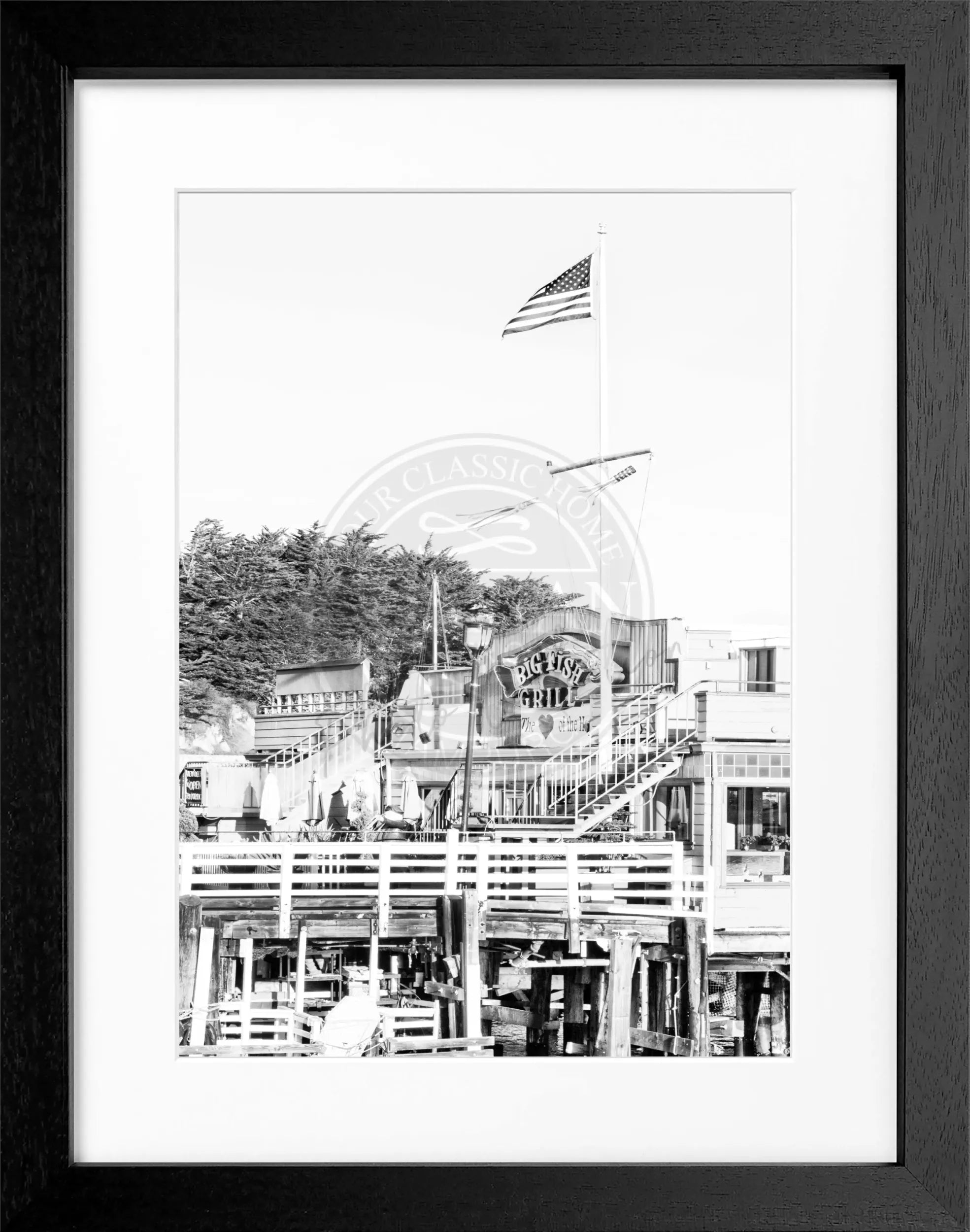 Schwarz-weiß Poster mit Rahmen von Cosman-Photocollection, Kalifornien Monterey Motiv, 25x31 cm, Fotokunst für Wanddekoration