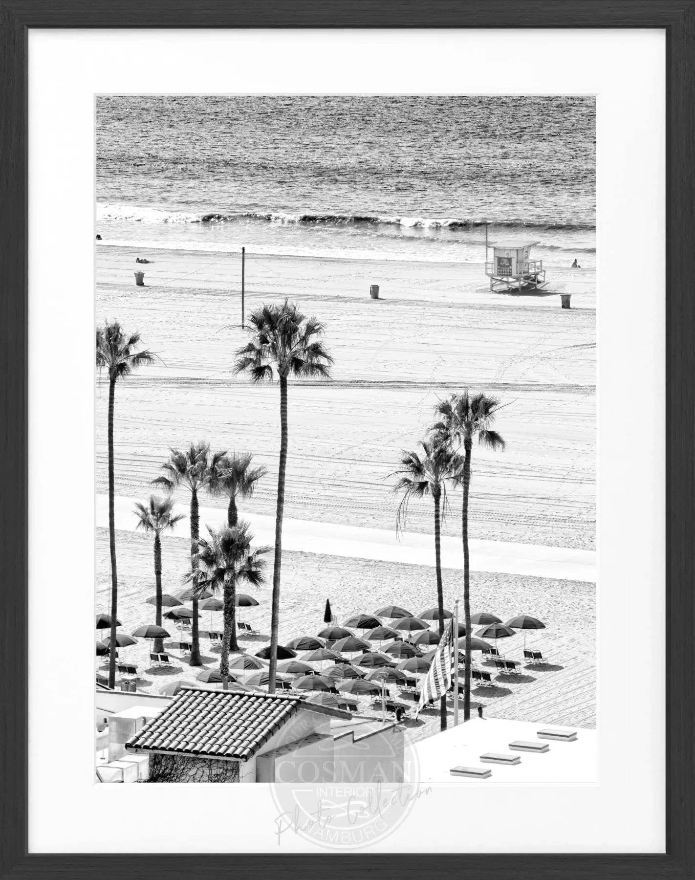Schwarz-weiß Poster mit Rahmen, Kalifornien Santa Monica Beach Motiv, von Cosman-Photocollection, 25x31cm, stilvolle Wanddekoration
