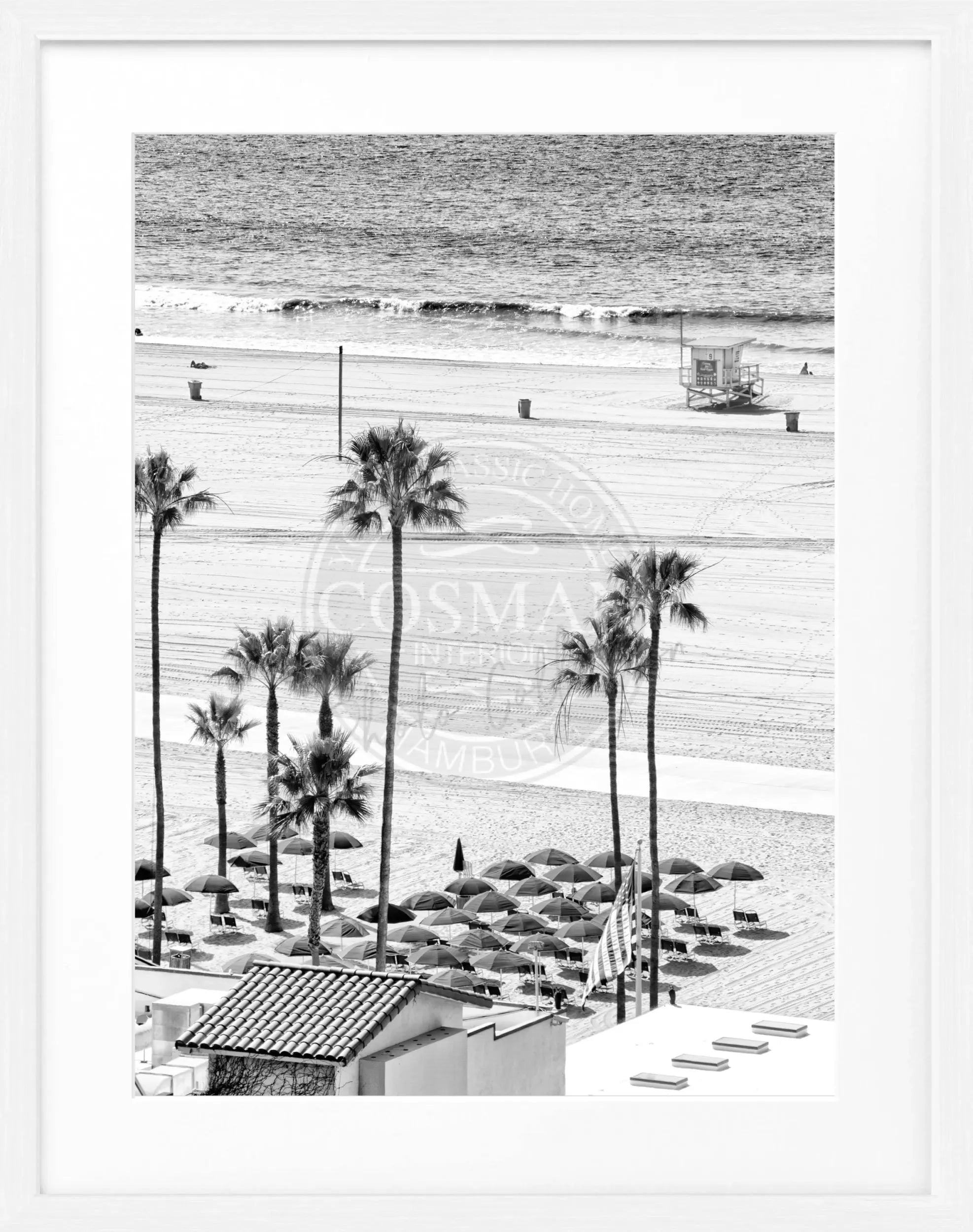 Schwarz-weiß Poster mit Rahmen von Cosman-Photocollection, Santa Monica Beach Kalifornien, Motiv 25x31 cm