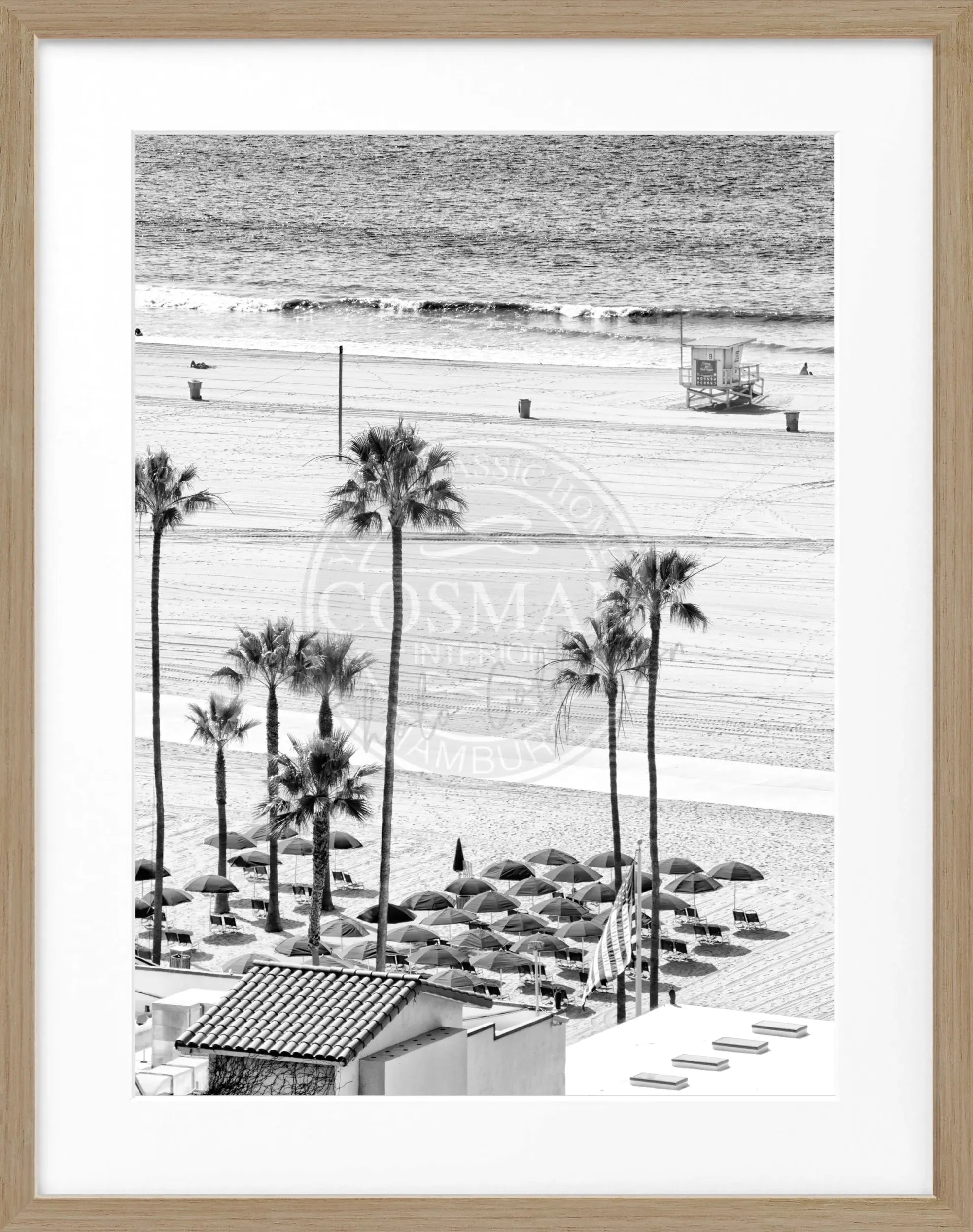 Schwarz-weiß Poster mit Rahmen von Cosman-Photocollection, Santa Monica Beach in Kalifornien, 25x31cm, Strandmotiv