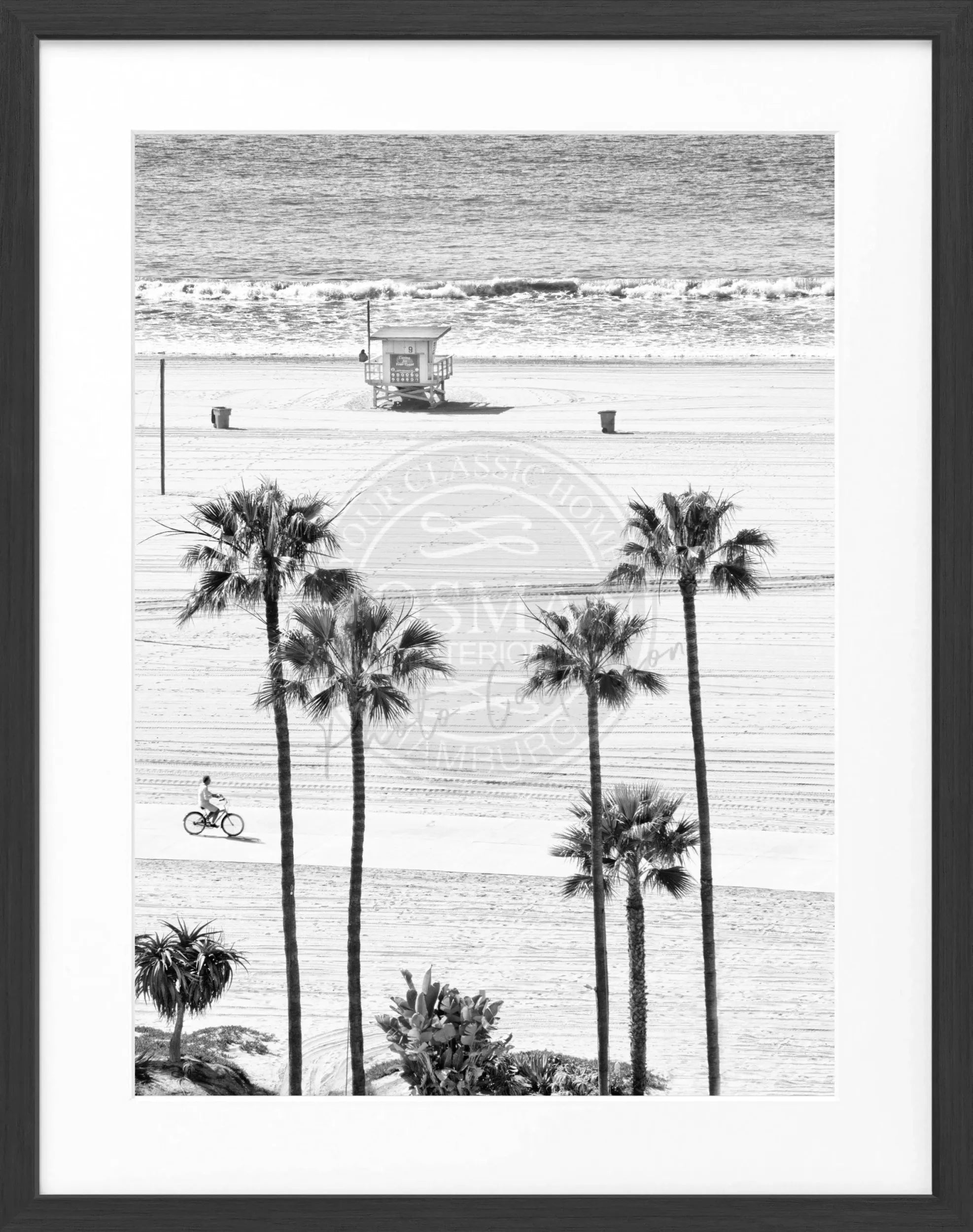 Schwarz-weiß Poster mit Rahmen von Cosman-Photocollection, Santa Monica Beach in Kalifornien, 25x31cm, Strandmotiv