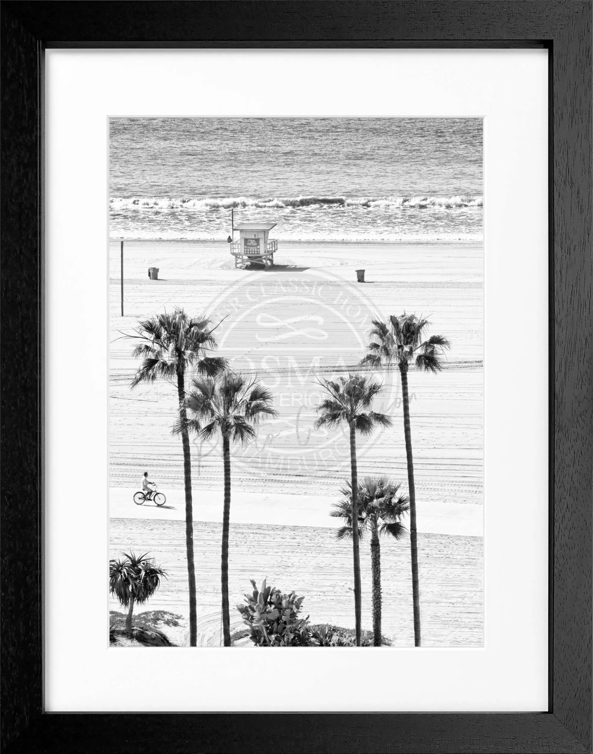 Schwarzweiß-Poster mit Rahmen von Cosman-Photocollection, Kalifornien Santa Monica Beach, 25x31 cm, Wanddekoration