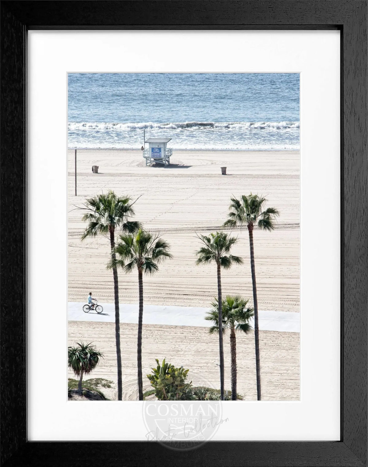 Schwarz-weiß Poster mit Rahmen von Cosman-Photocollection, Santa Monica Beach in Kalifornien, 25x31cm, Strandmotiv