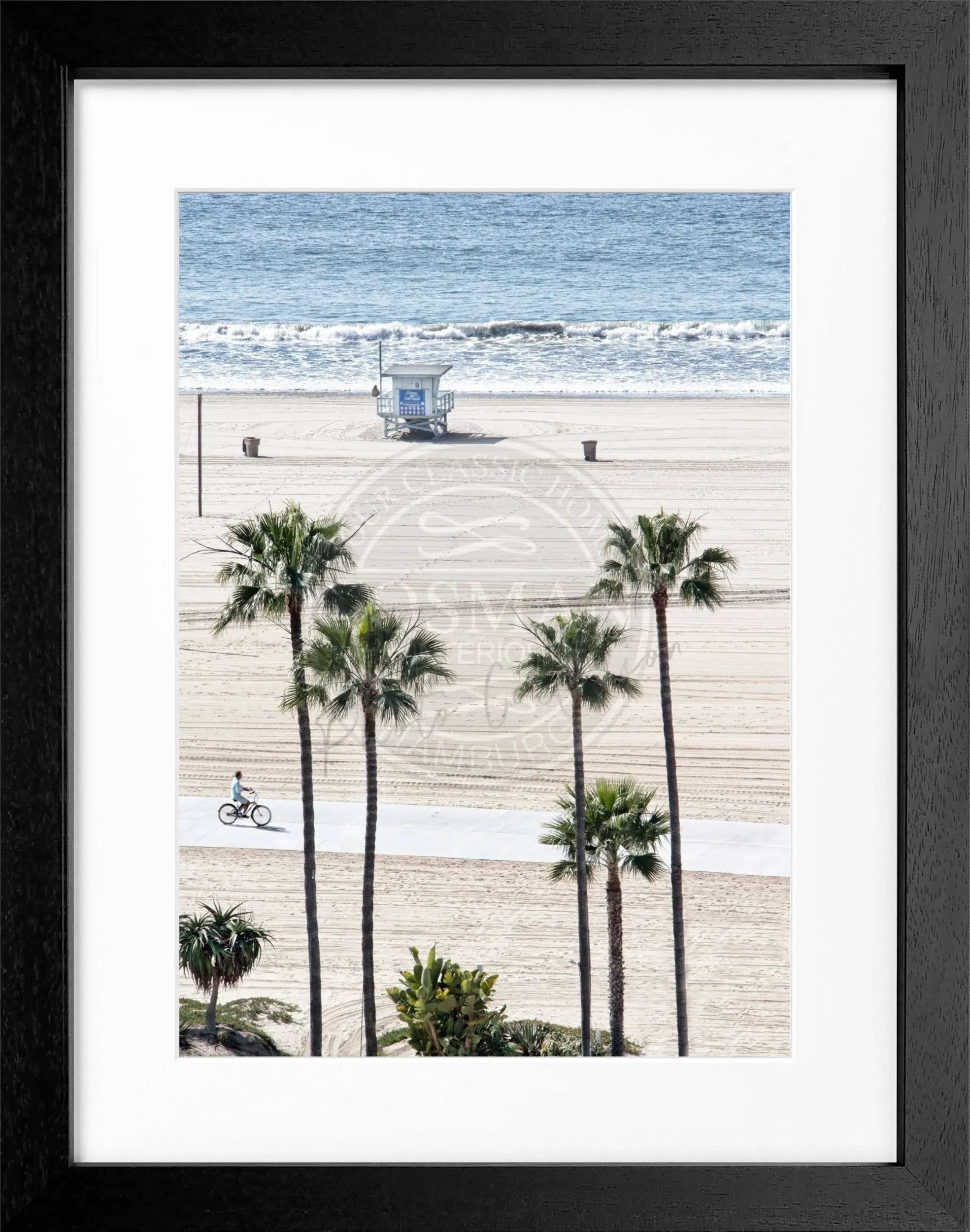 Schwarz-weiß Poster mit Rahmen von Cosman-Photocollection, Santa Monica Beach in Kalifornien, 25x31cm, Strandmotiv