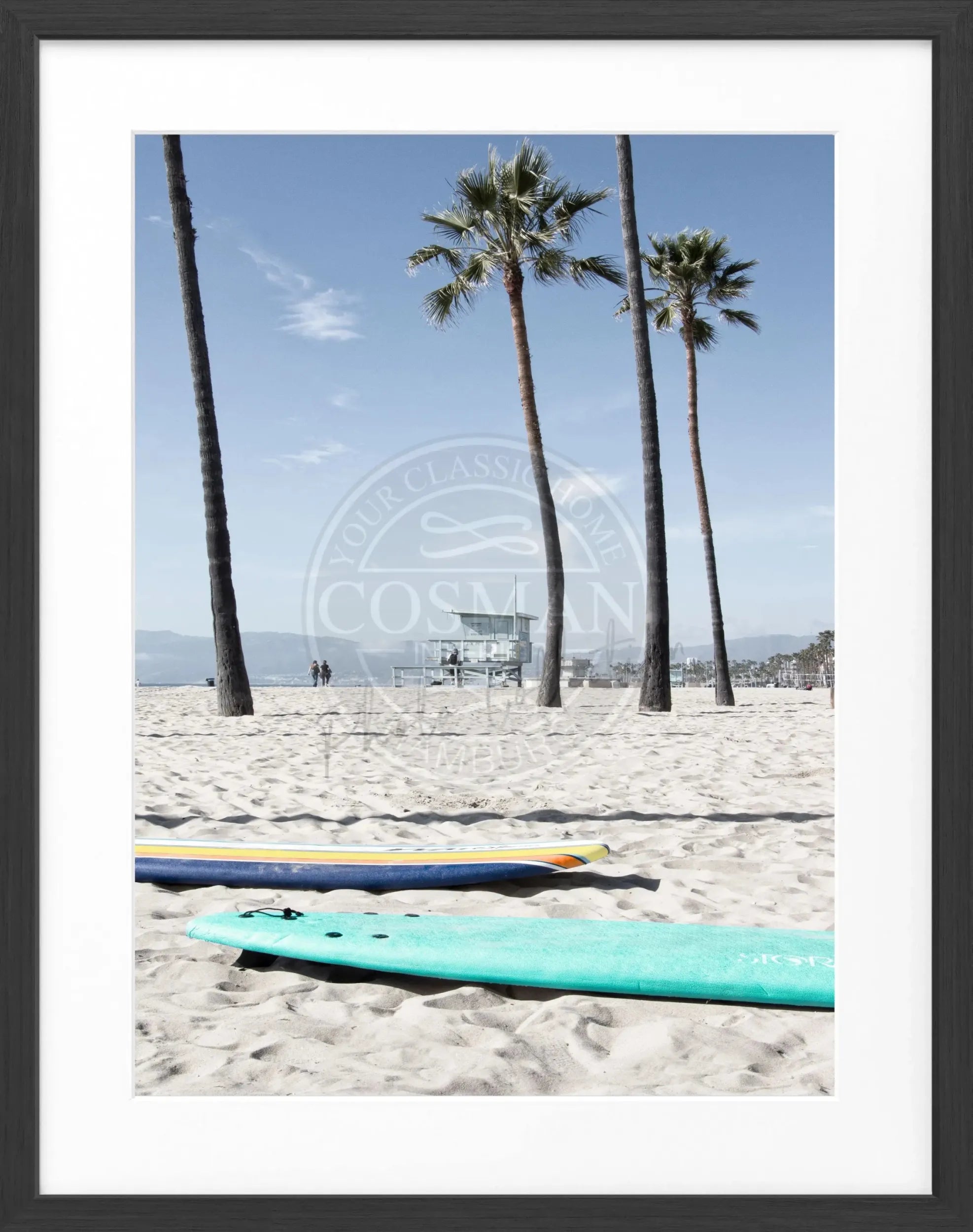 Schwarz-weiß Poster mit Rahmen vom Kalifornien Venice Beach Motiv, 25x31cm, von Cosman-Photocollection.