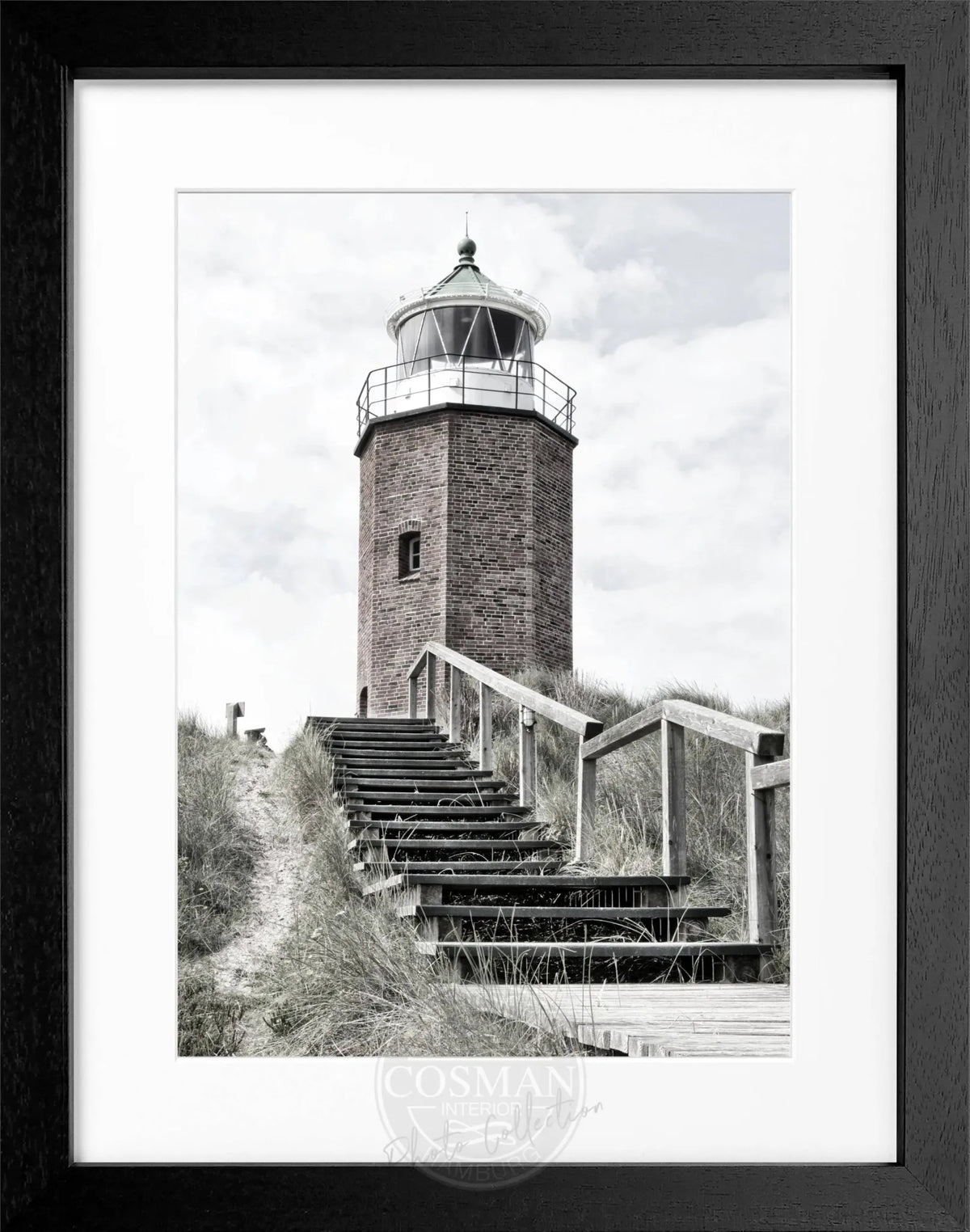 Schwarz-weiß Poster mit Rahmen, Leuchtturm Sylt 'Rotes Kliff' Kampen, von Cosman-Photocollection, 25x31 cm