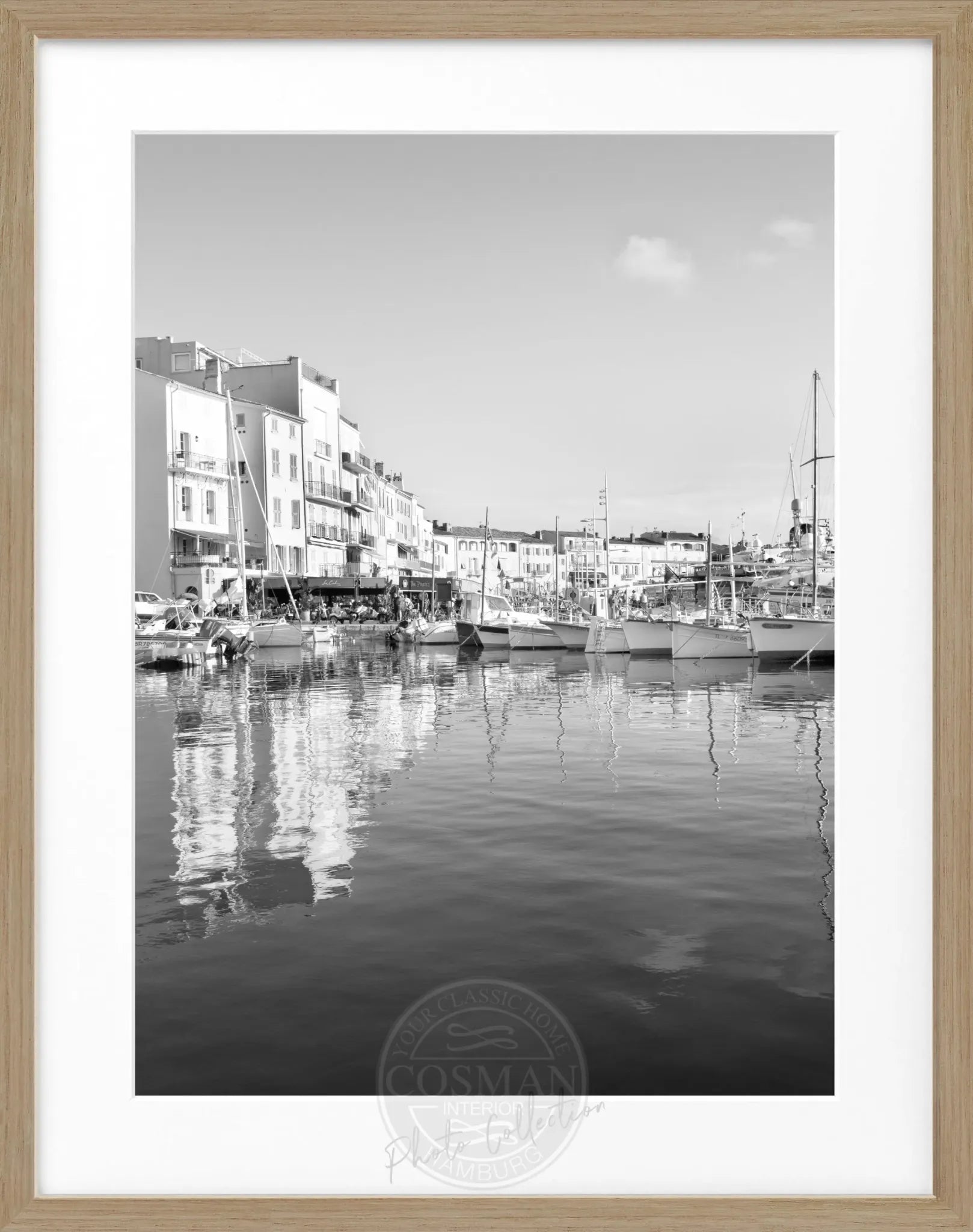 Schwarz-weiß Poster mit Rahmen, Saint Tropez Hafen, von Cosman-Photocollection, 25x31 cm, kunstvoller Meereshafen-Print