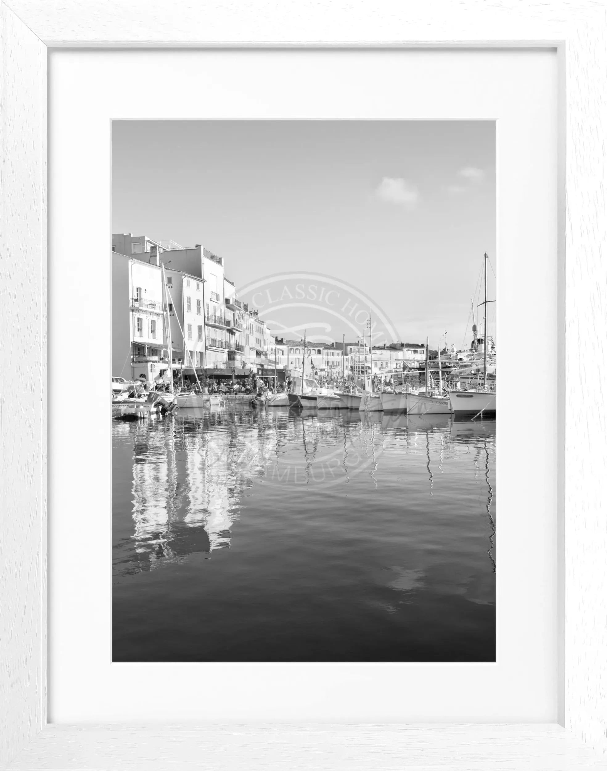 Schwarz-weiß Poster mit Rahmen, Saint Tropez Hafen Motiv, von Cosman-Photocollection, 25x31cm, dekoratives Wandbild