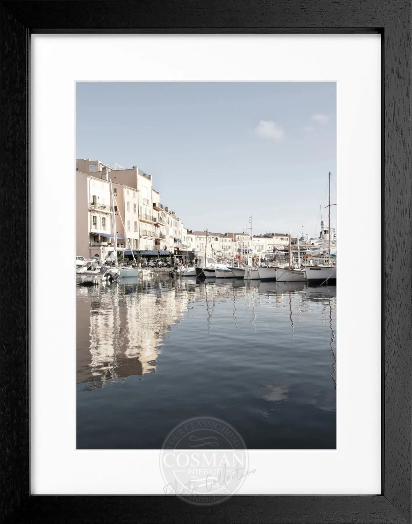 Schwarz-weiß Poster mit Rahmen, Saint Tropez Hafen, Cosman-Photocollection, 25x31 cm, elegante Wanddekoration
