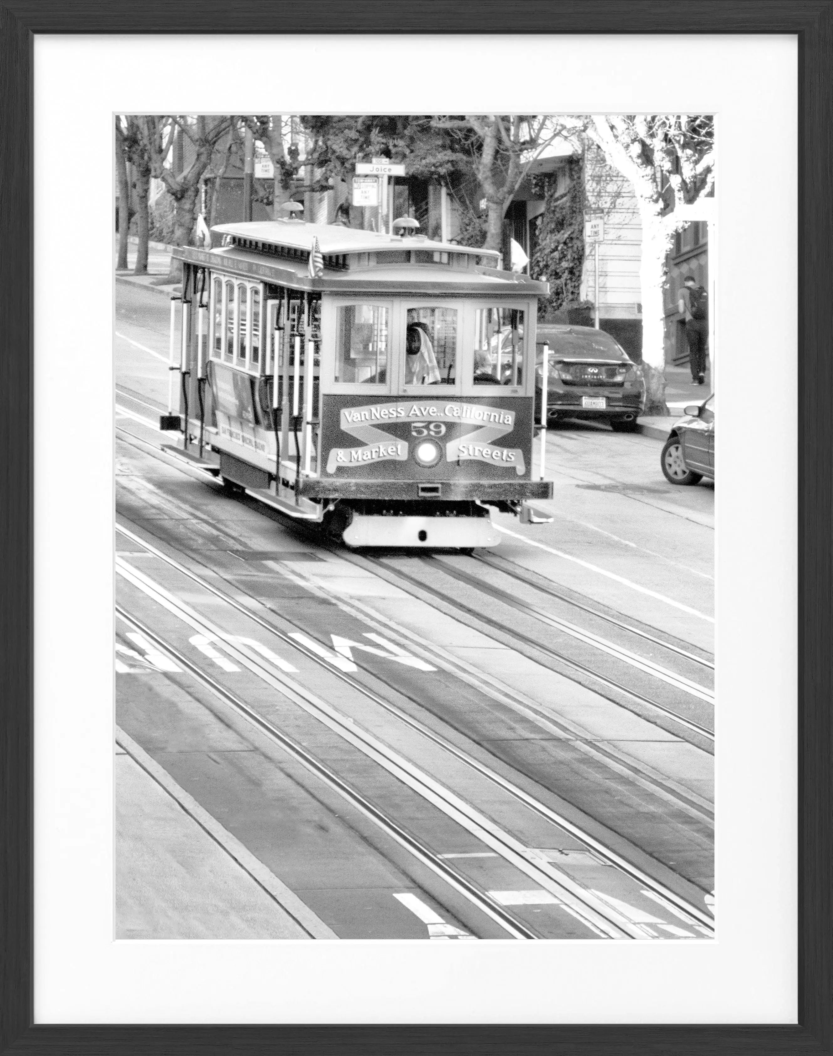 Schwarz-weiß Poster mit Rahmen von Cosman-Photocollection, San Francisco Cable Cars, 25x31 cm, urbanes Stadtmotiv