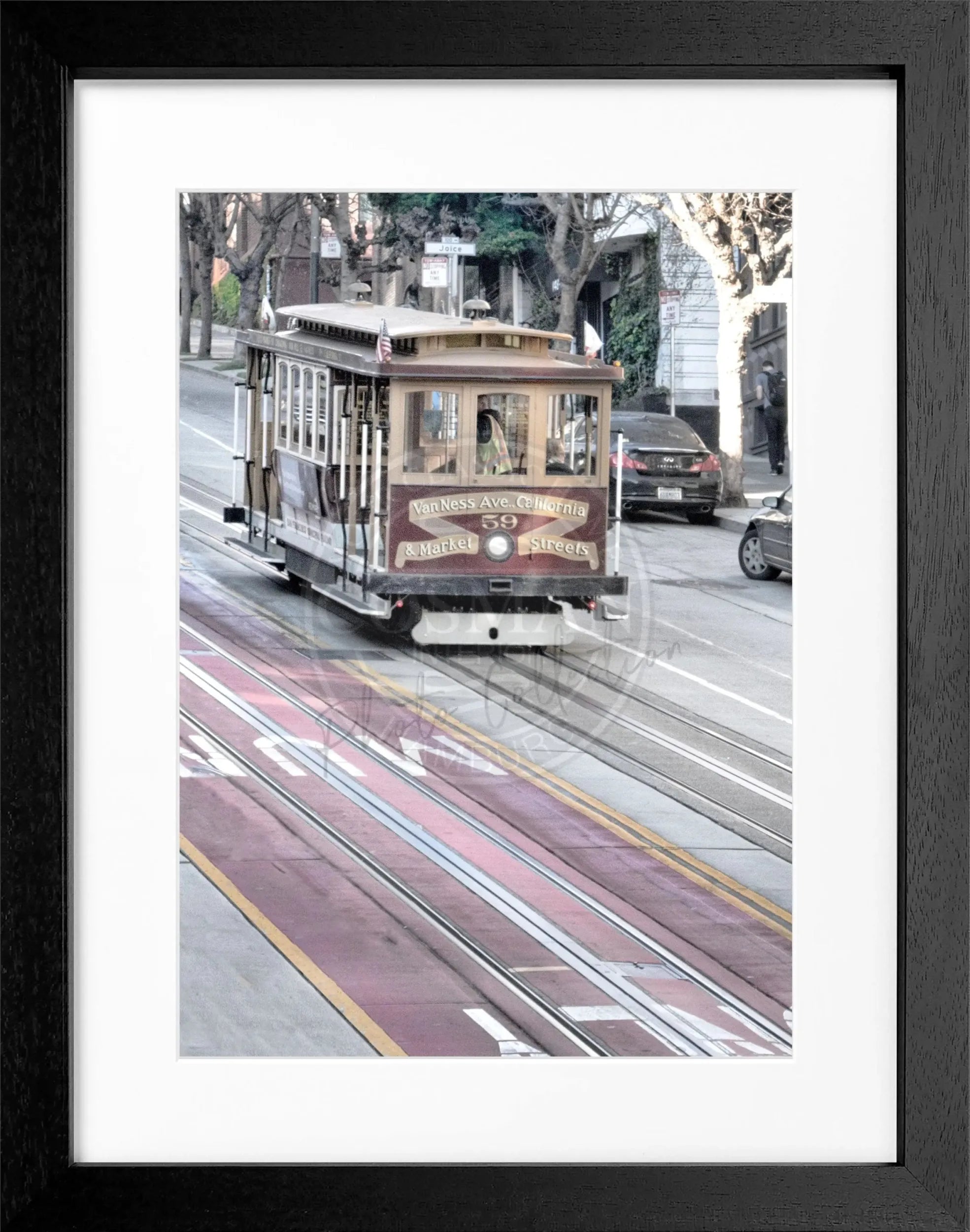 Schwarz-weiß Poster mit Rahmen von San Francisco Cable Cars, 25x31cm, von Cosman-Photocollection, Wanddekoration mit Stadtmotiv