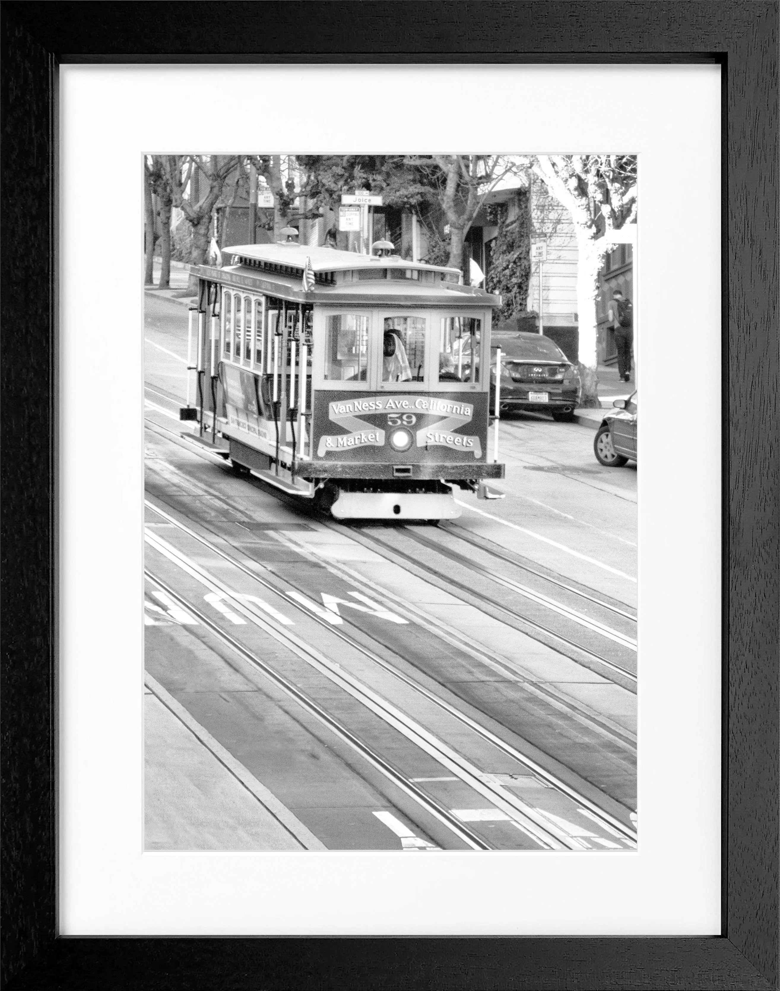 Schwarz-weißes Poster mit Rahmen, zeigt San Francisco Cable Cars, von Cosman-Photocollection, 25x31 cm, stilvolle Wanddekoration