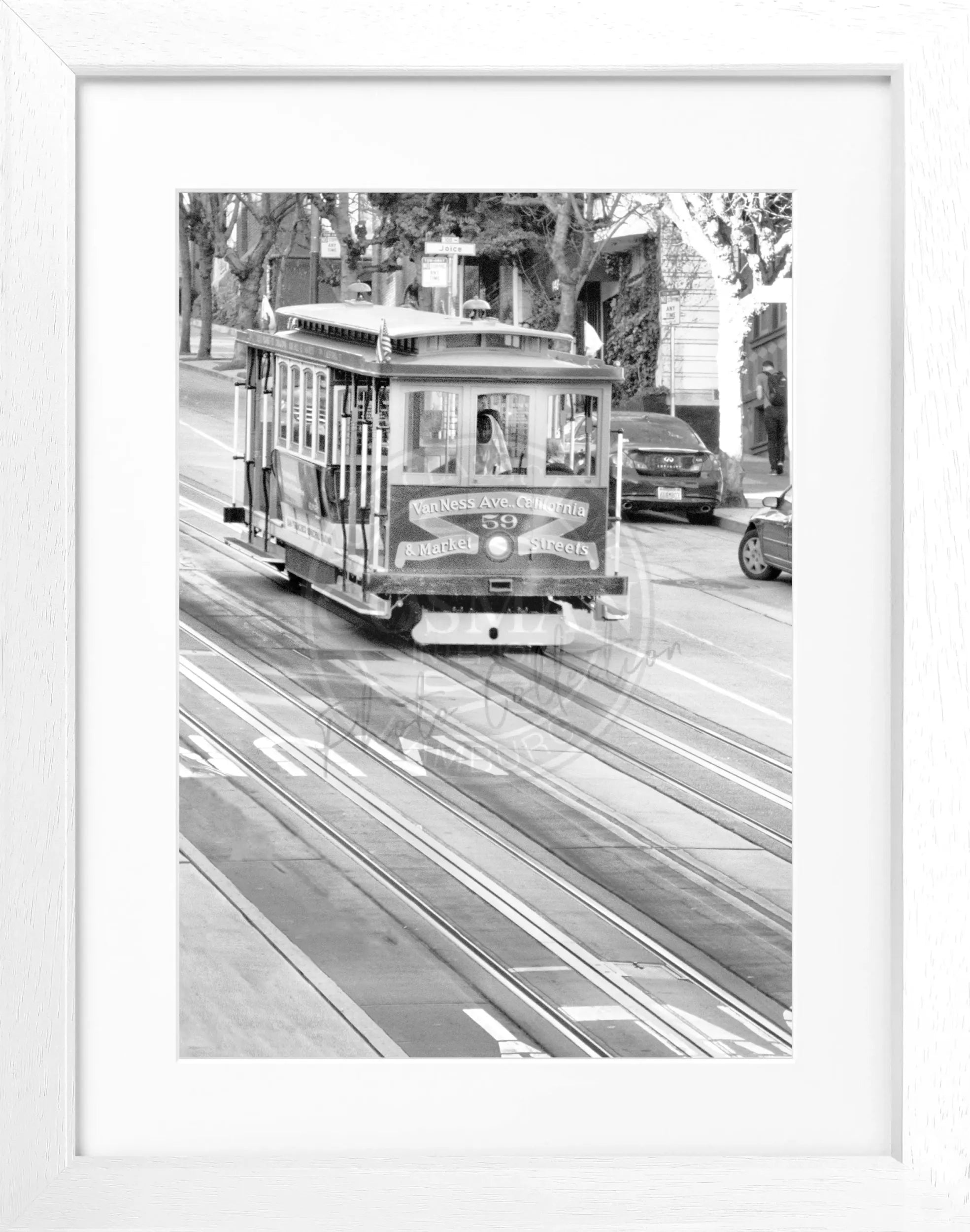 Schwarz-weiß Poster mit Rahmen von Cosman-Photocollection, San Francisco Cable Cars, Motiv 25x31 cm, Wanddekoration