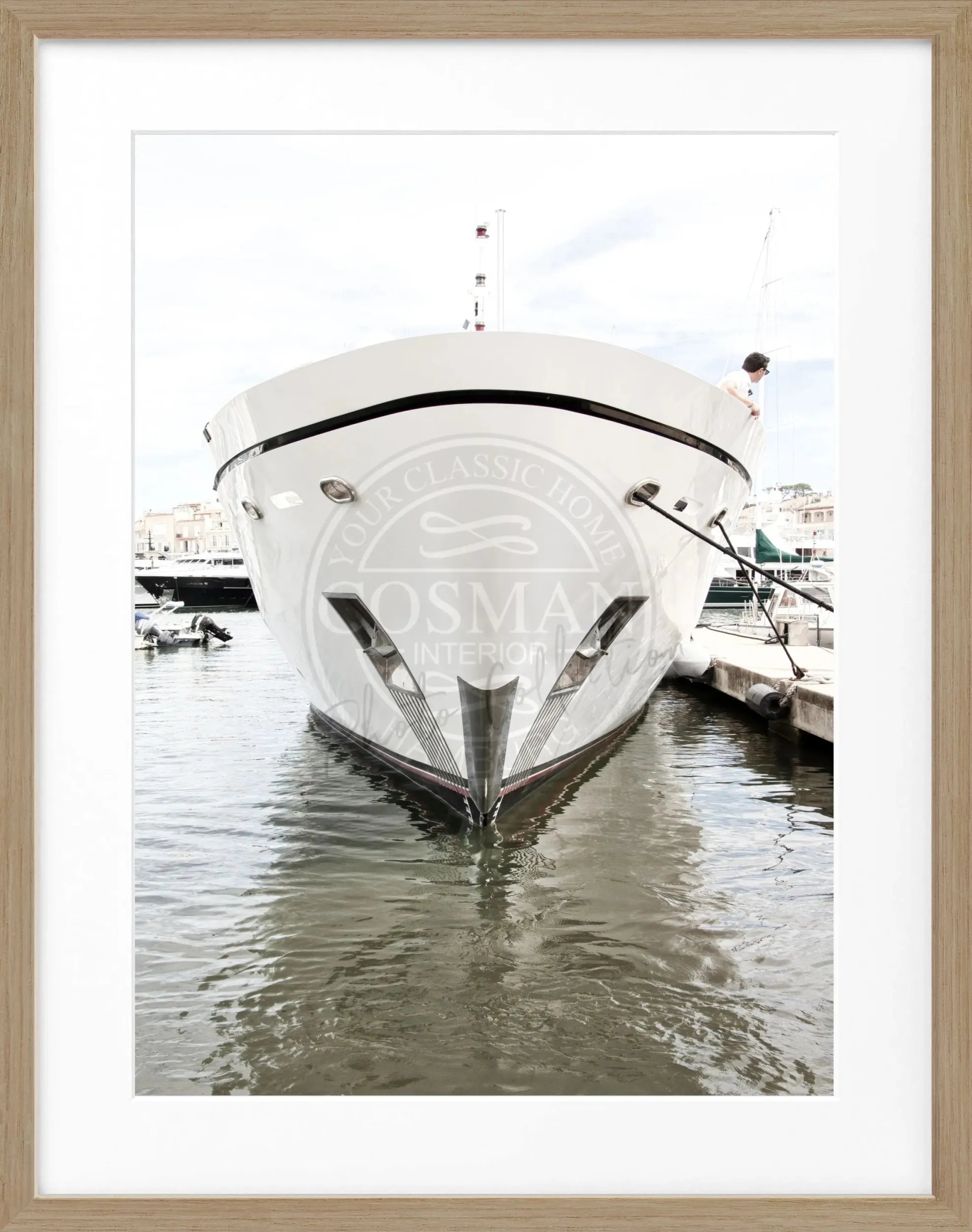 Schwarz-weiß Poster mit Rahmen 'Yacht' Saint Tropez, von Cosman-Photocollection, im Querformat, maritime Szene, 25x31 cm
