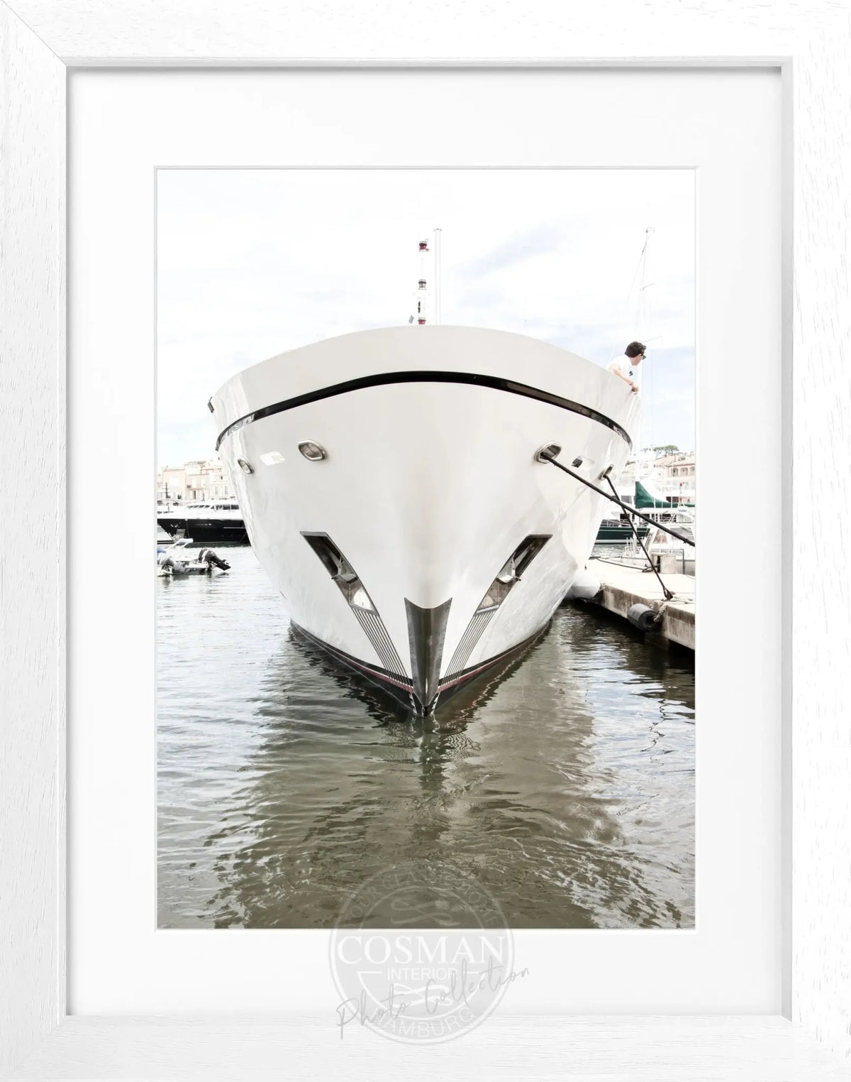 Schwarz-weiß Poster mit Rahmen ’Yacht’ Saint Tropez, ca. 25x31cm, von Cosman-Photocollection, maritime Motiv.