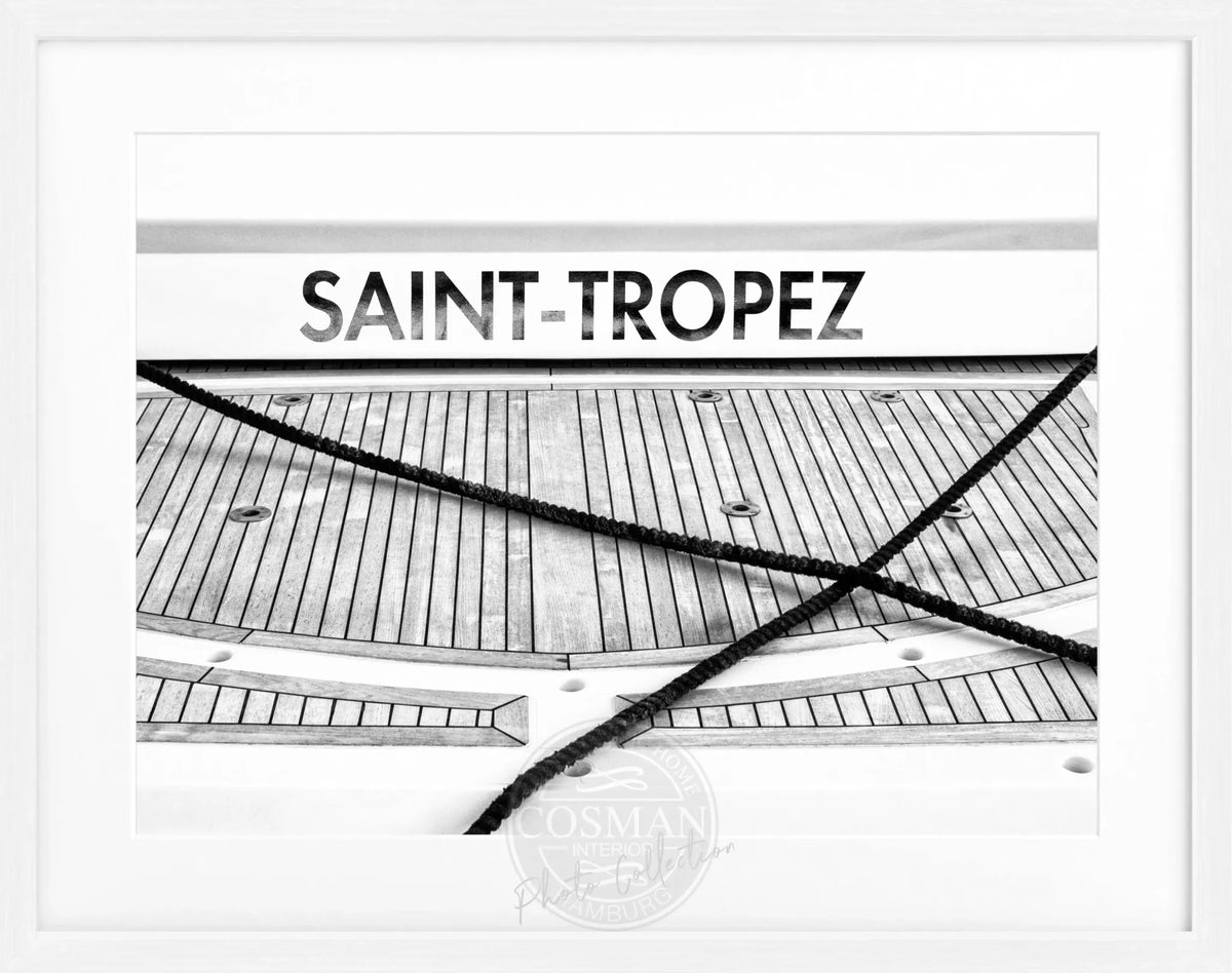 Schwarz-weiß Poster mit Rahmen ’Boot Hafen’ Saint Tropez von Cosman-Photocollection, 31x25 cm, maritimes Hafenmotiv