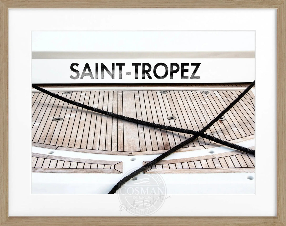 Schwarz-weiß Poster mit Rahmen, Motiv eines Hafens und Booten in Saint Tropez, von Cosman-Photocollection, 31x25 cm