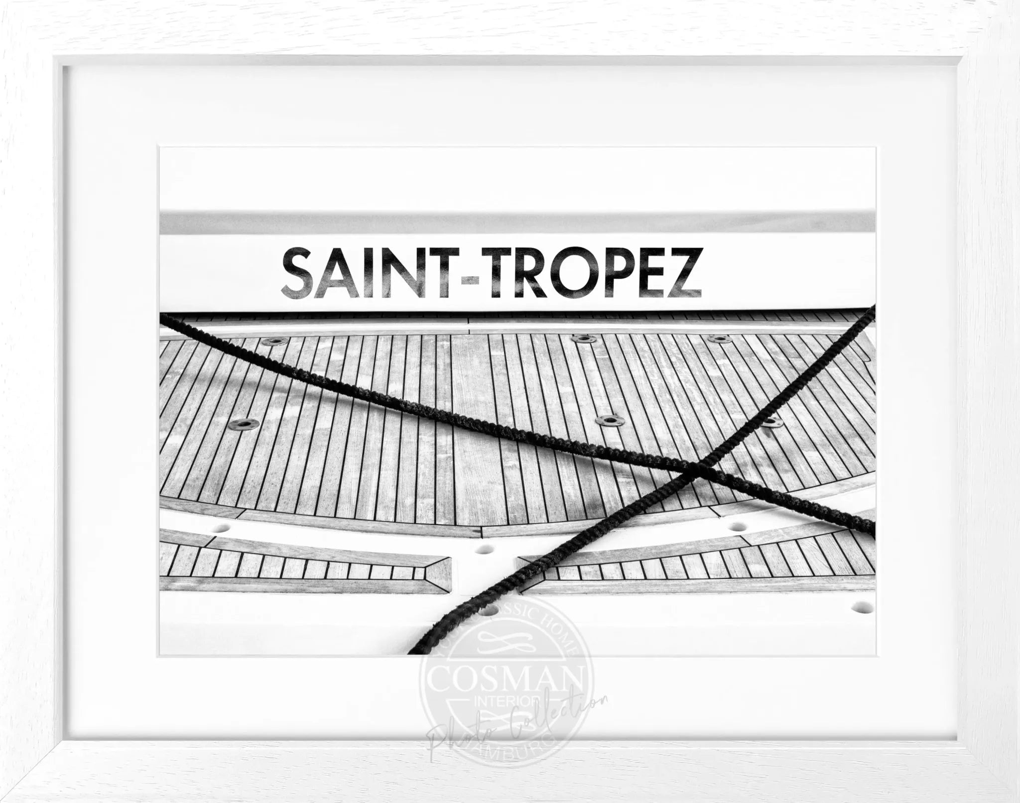 Schwarz-weiß Poster mit Rahmen 'Boot Hafen' Saint Tropez von Cosman-Photocollection, 31x25 cm, maritimes Hafenmotiv
