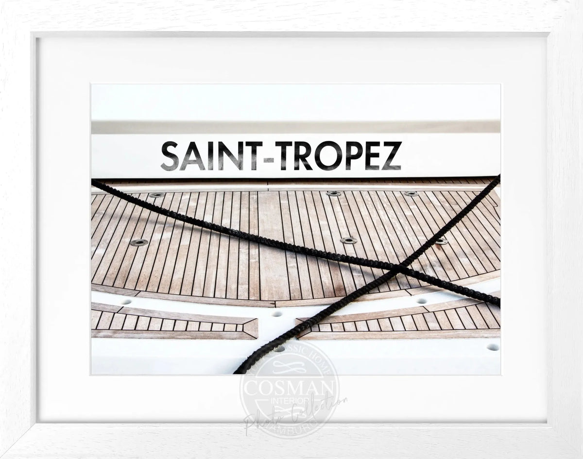 Schwarz-weiß Poster mit Rahmen, Boot im Hafen Saint Tropez, Cosman-Photocollection, 31x25cm, maritime Wanddekoration